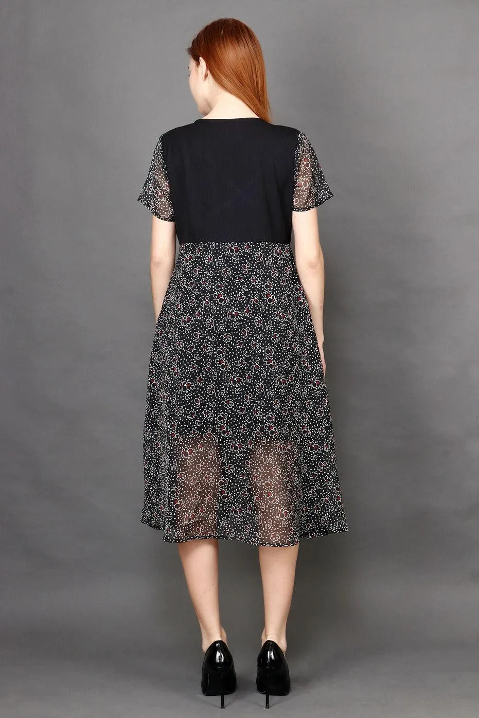 Black Floral Half Printed Half Solid Dress