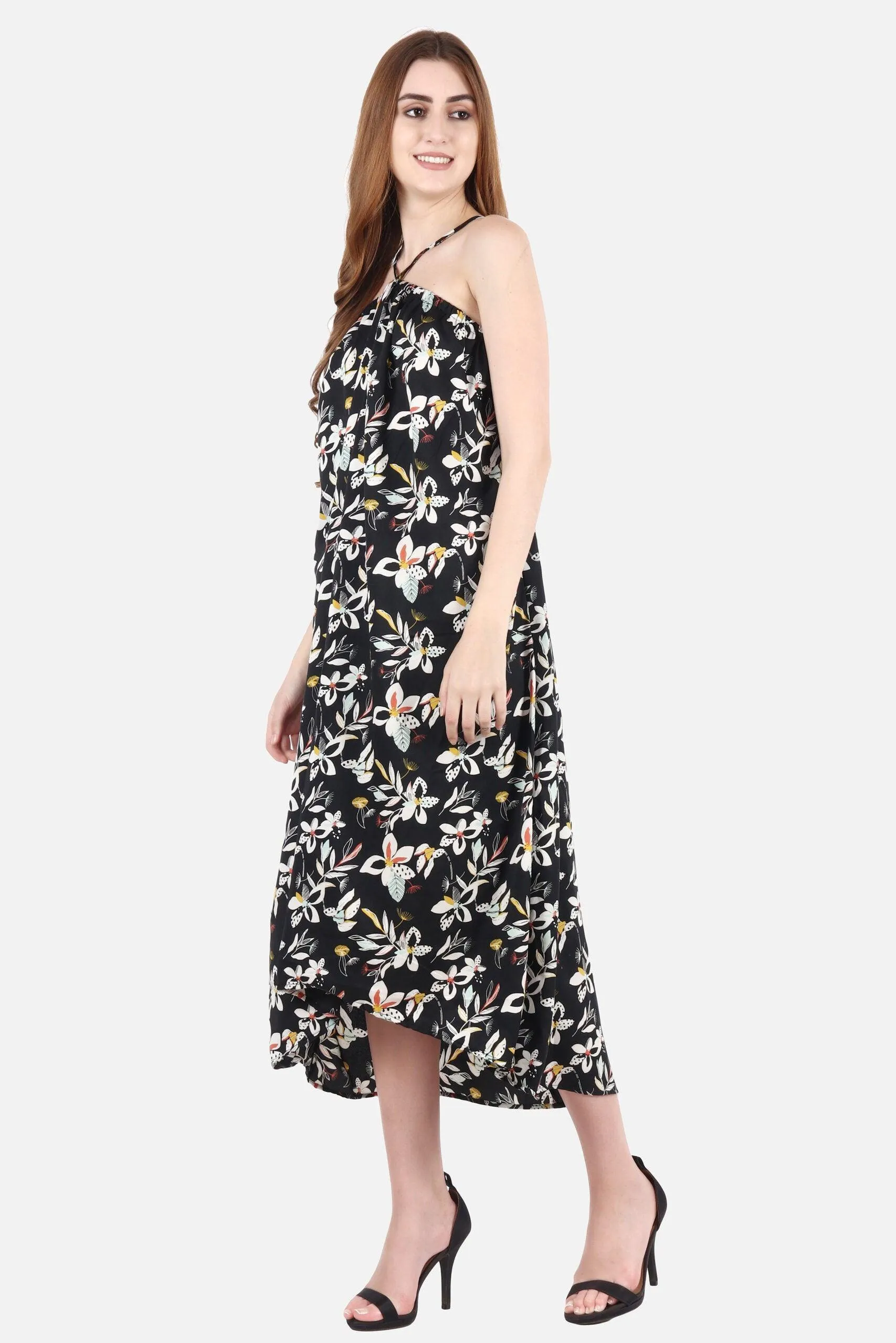 Black Floral Halter Neck Maxi Dress