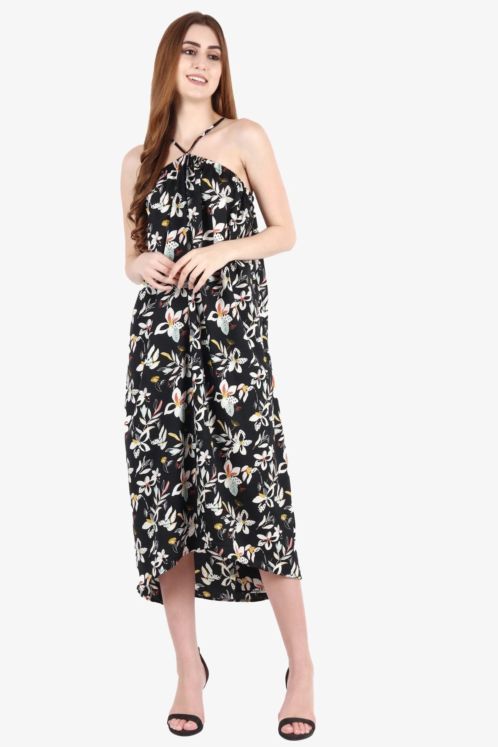 Black Floral Halter Neck Maxi Dress