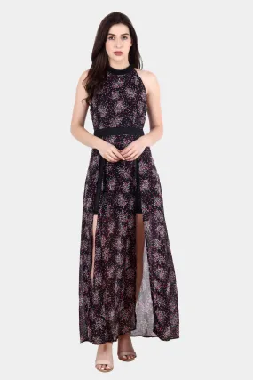 Black Floral Printed Dress with Front Slits