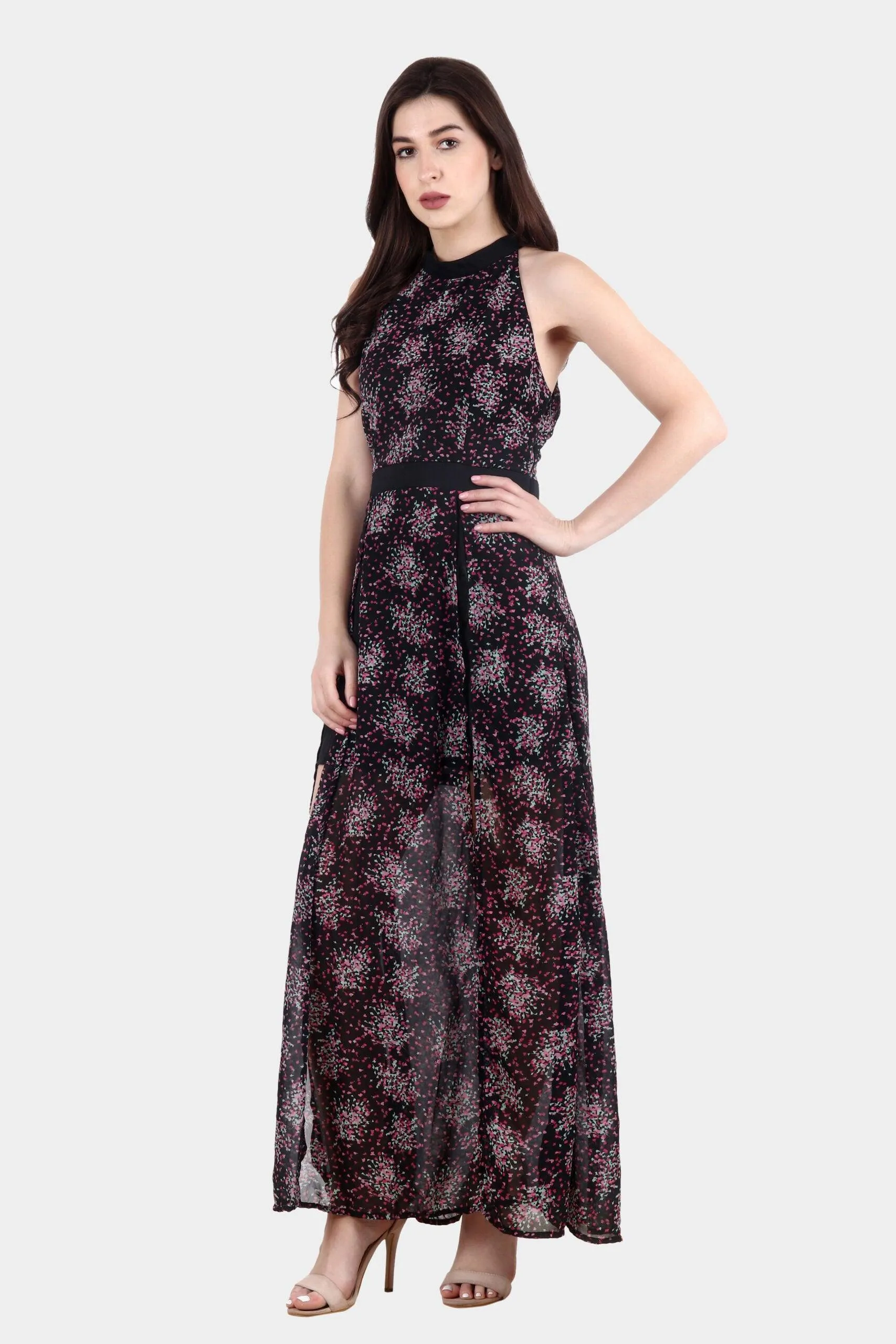 Black Floral Printed Dress with Front Slits