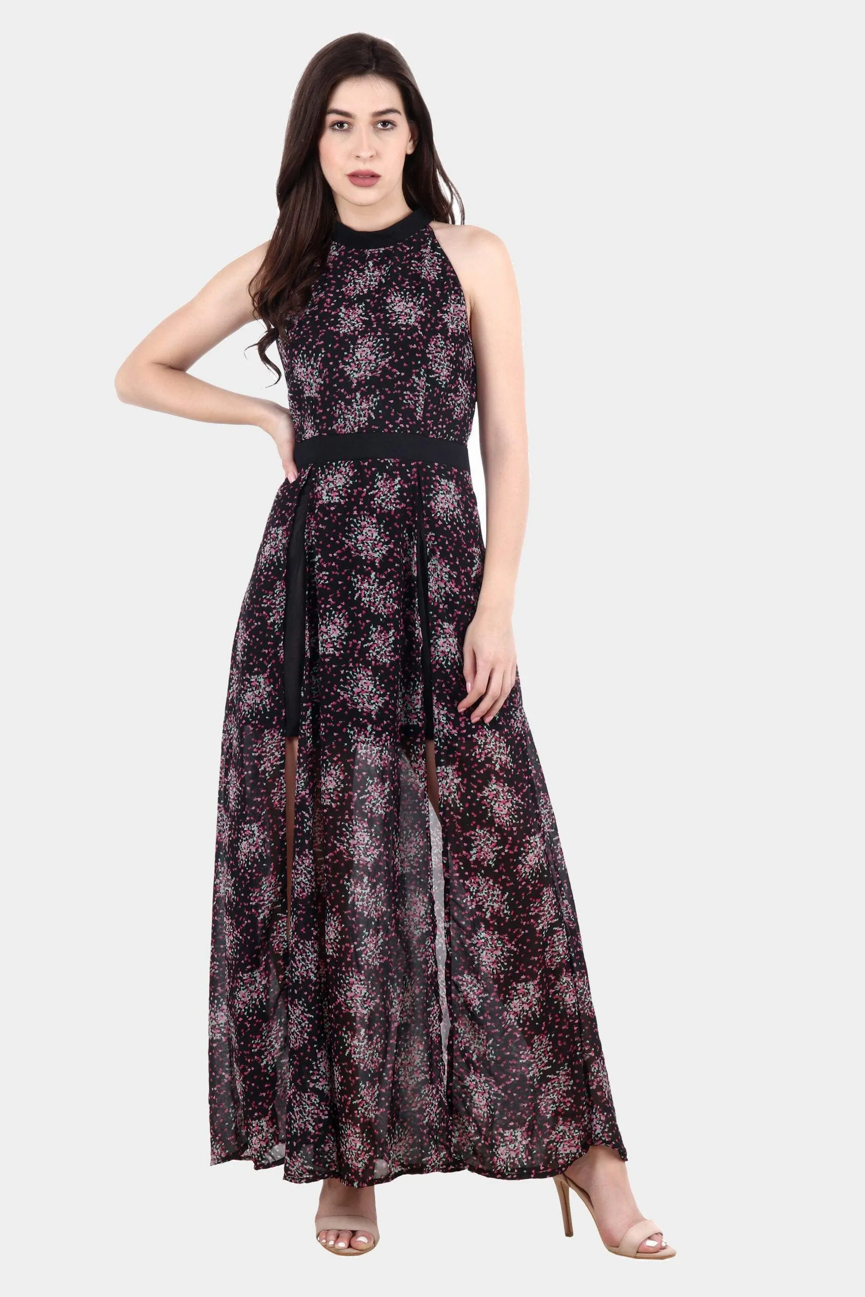 Black Floral Printed Dress with Front Slits