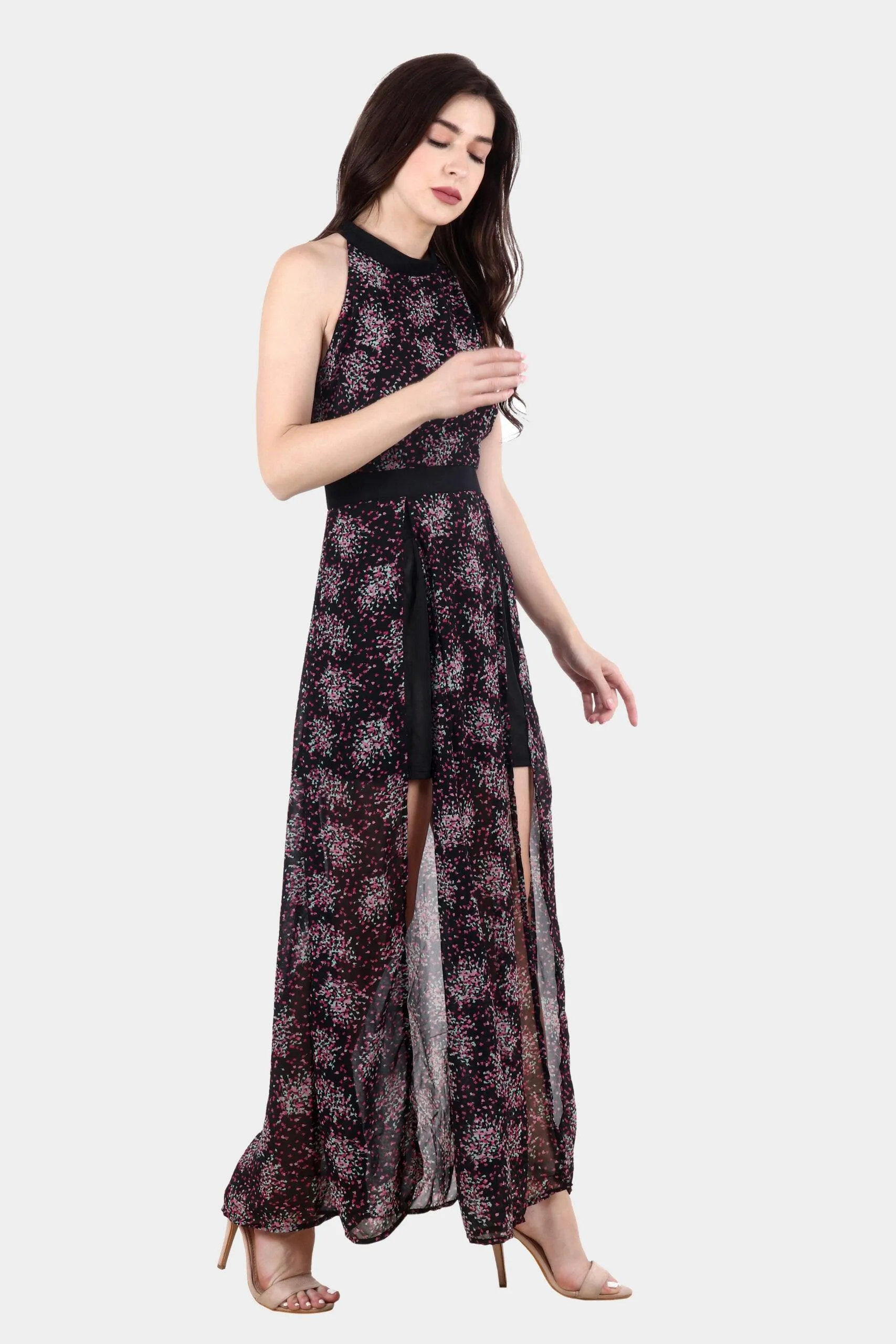 Black Floral Printed Dress with Front Slits