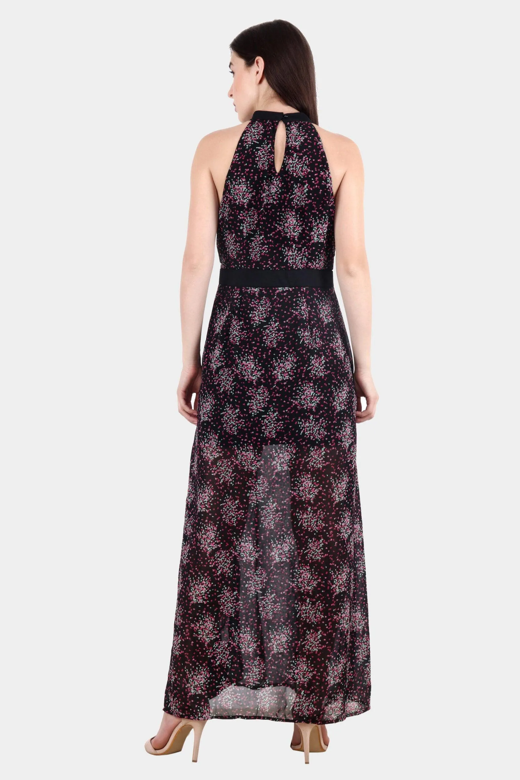 Black Floral Printed Dress with Front Slits