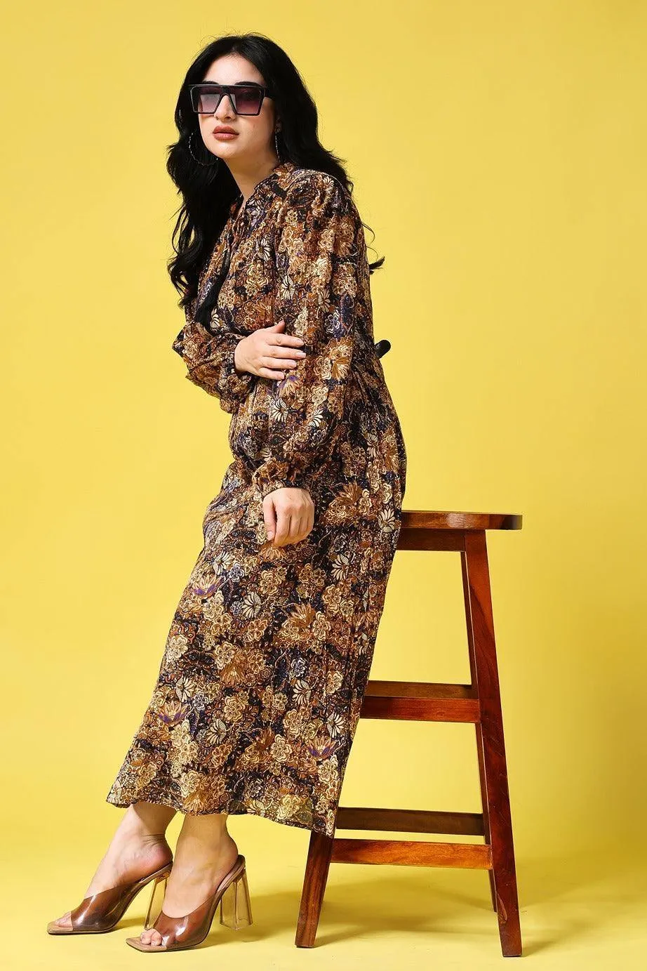 Black Floral Printed Dress with Puff Sleeves