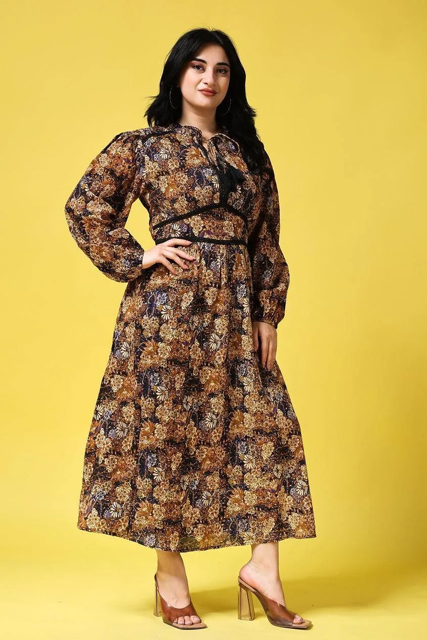 Black Floral Printed Dress with Puff Sleeves