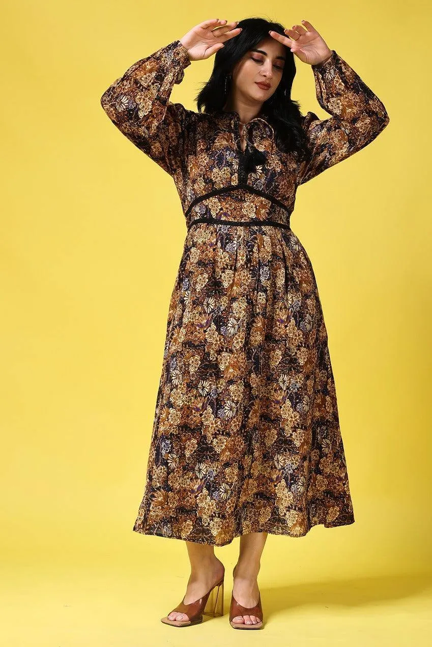 Black Floral Printed Dress with Puff Sleeves