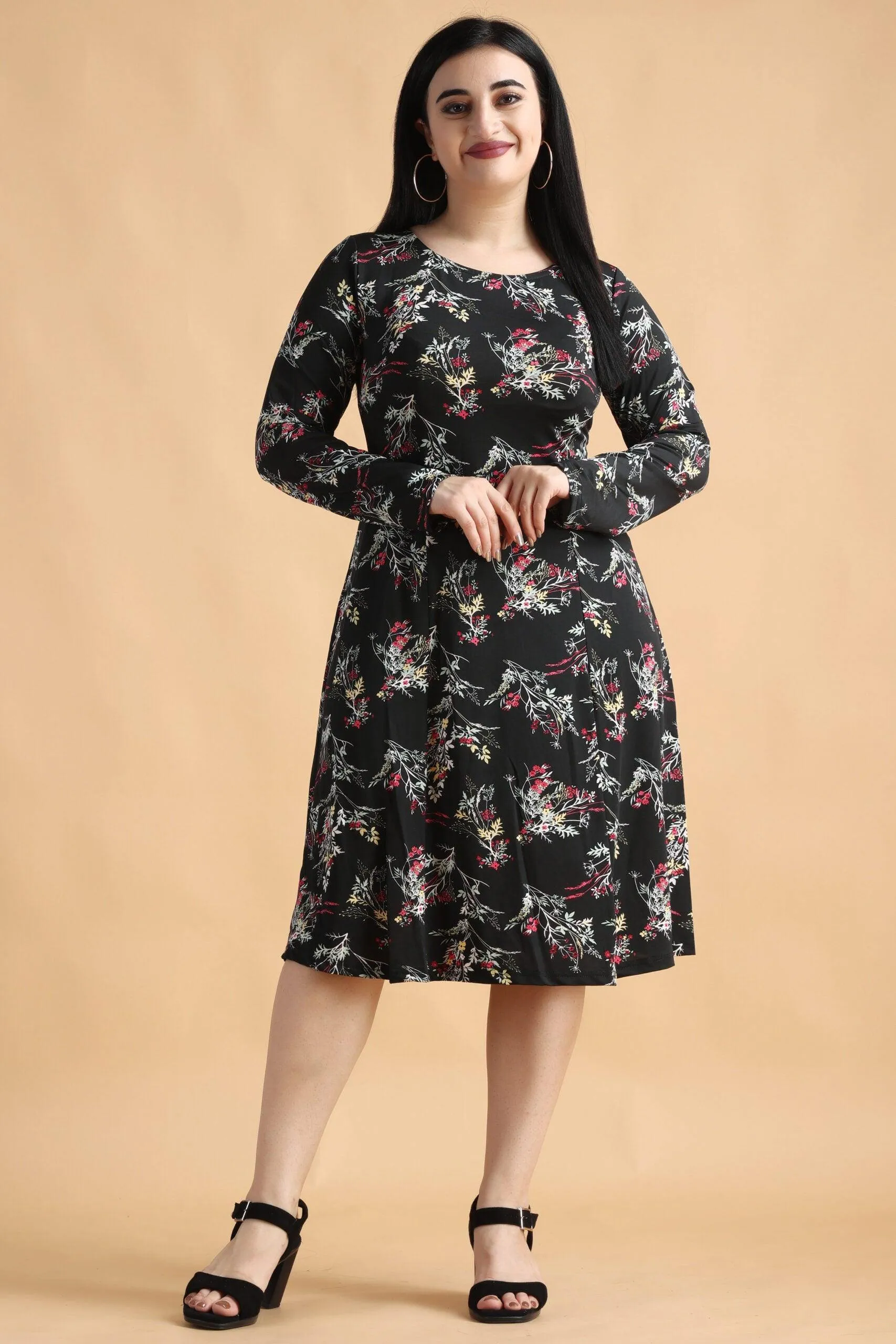 Black Floral Printed Knitted Dress