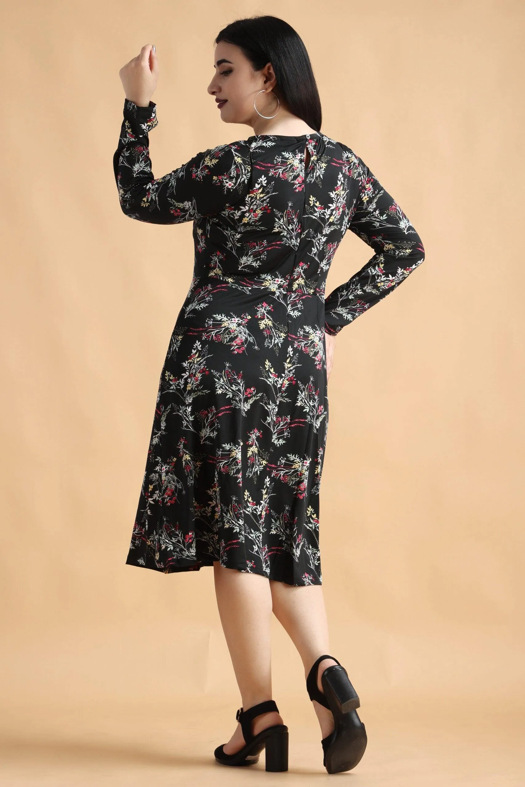 Black Floral Printed Knitted Dress