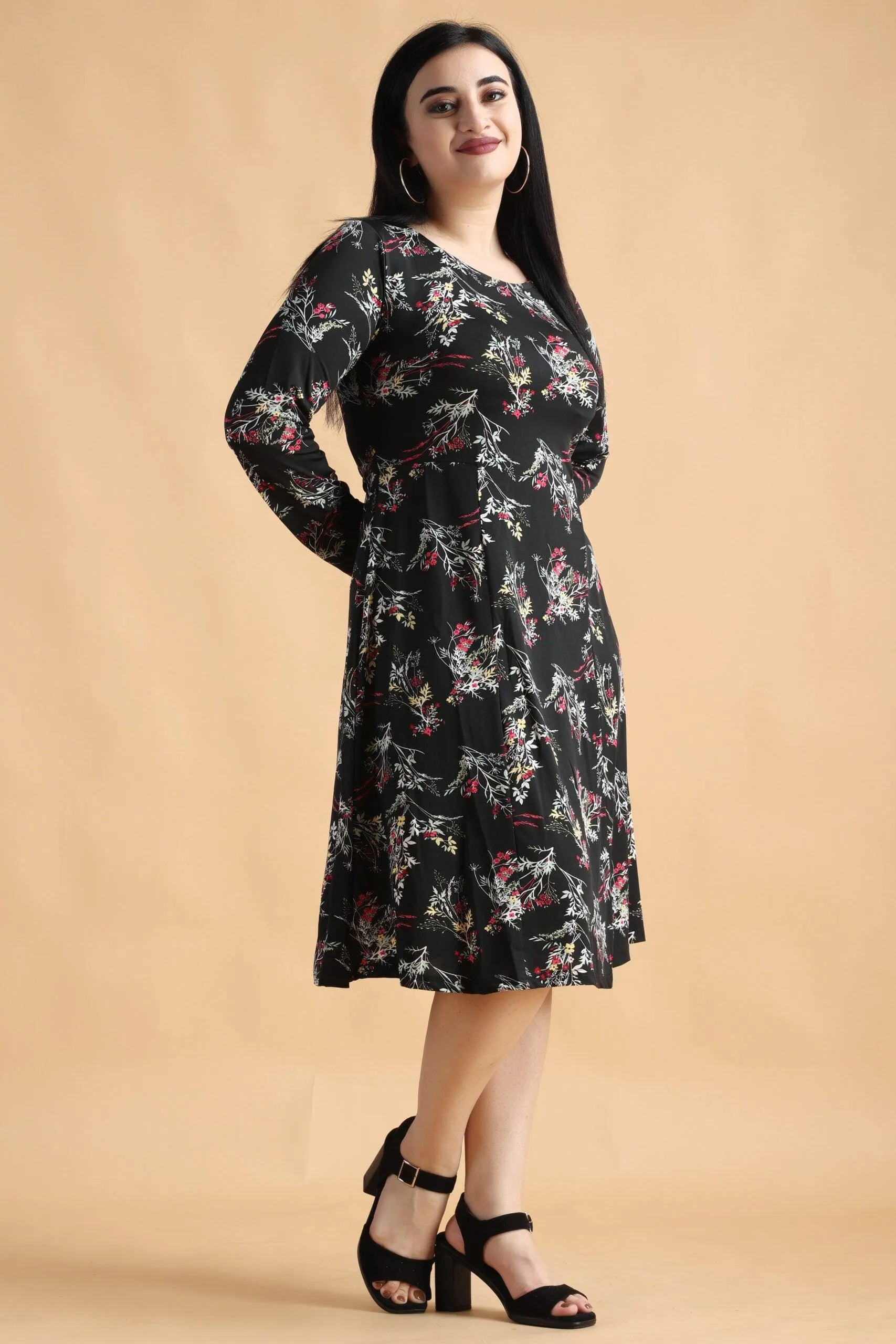 Black Floral Printed Knitted Dress