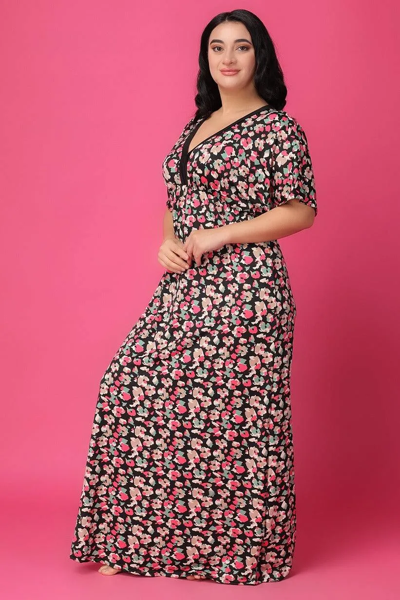 Black Floral Printed Night Dress