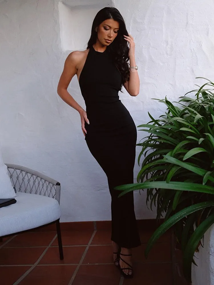 Black Halter Backless Maxi Graceful Dress With Back Straps