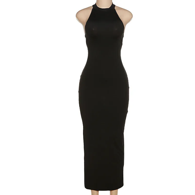 Black Halter Backless Maxi Graceful Dress With Back Straps