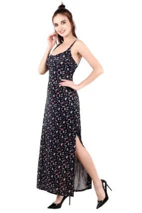 Black Leaves Printed Maxi Dress with Side Slit