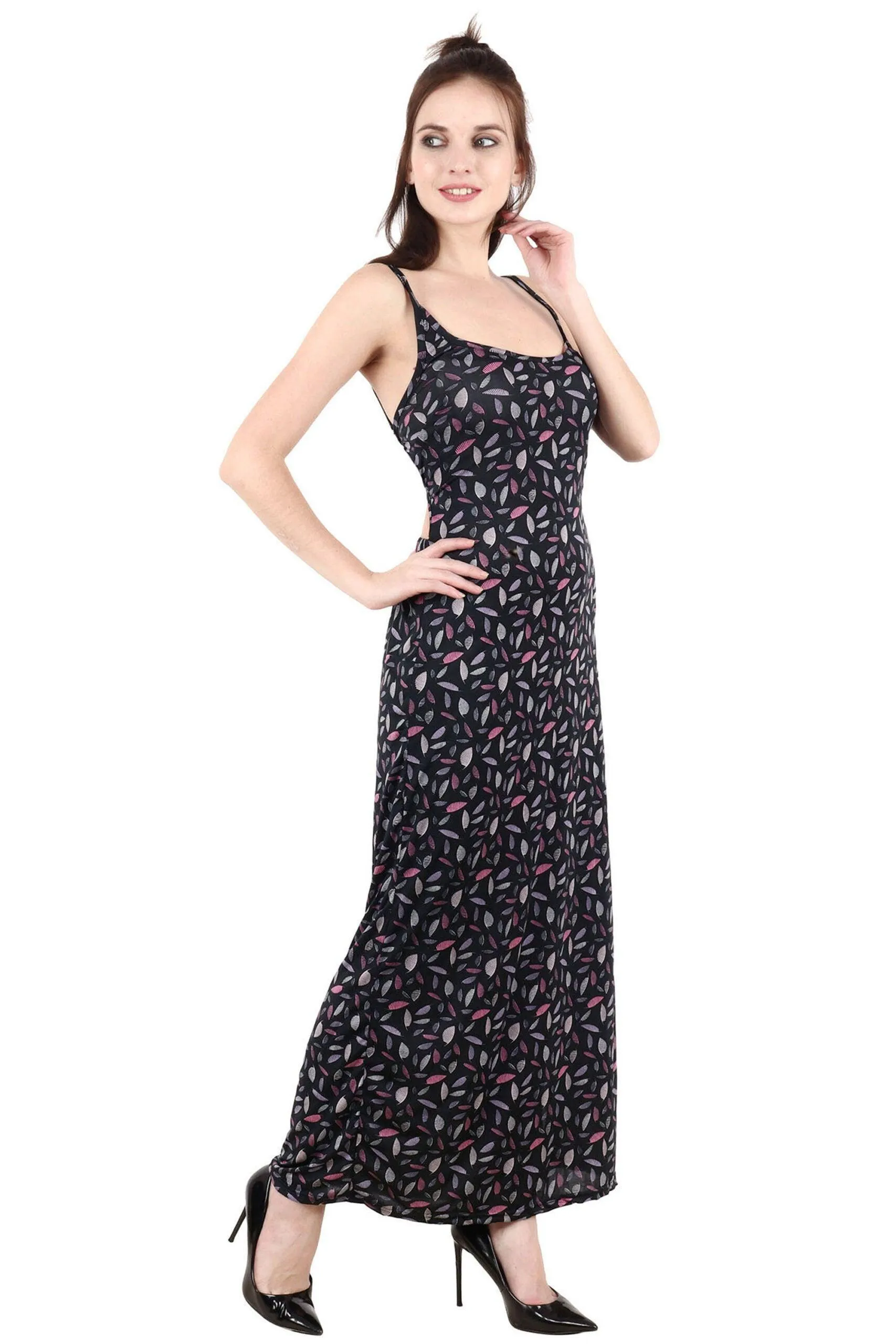 Black Leaves Printed Maxi Dress with Side Slit