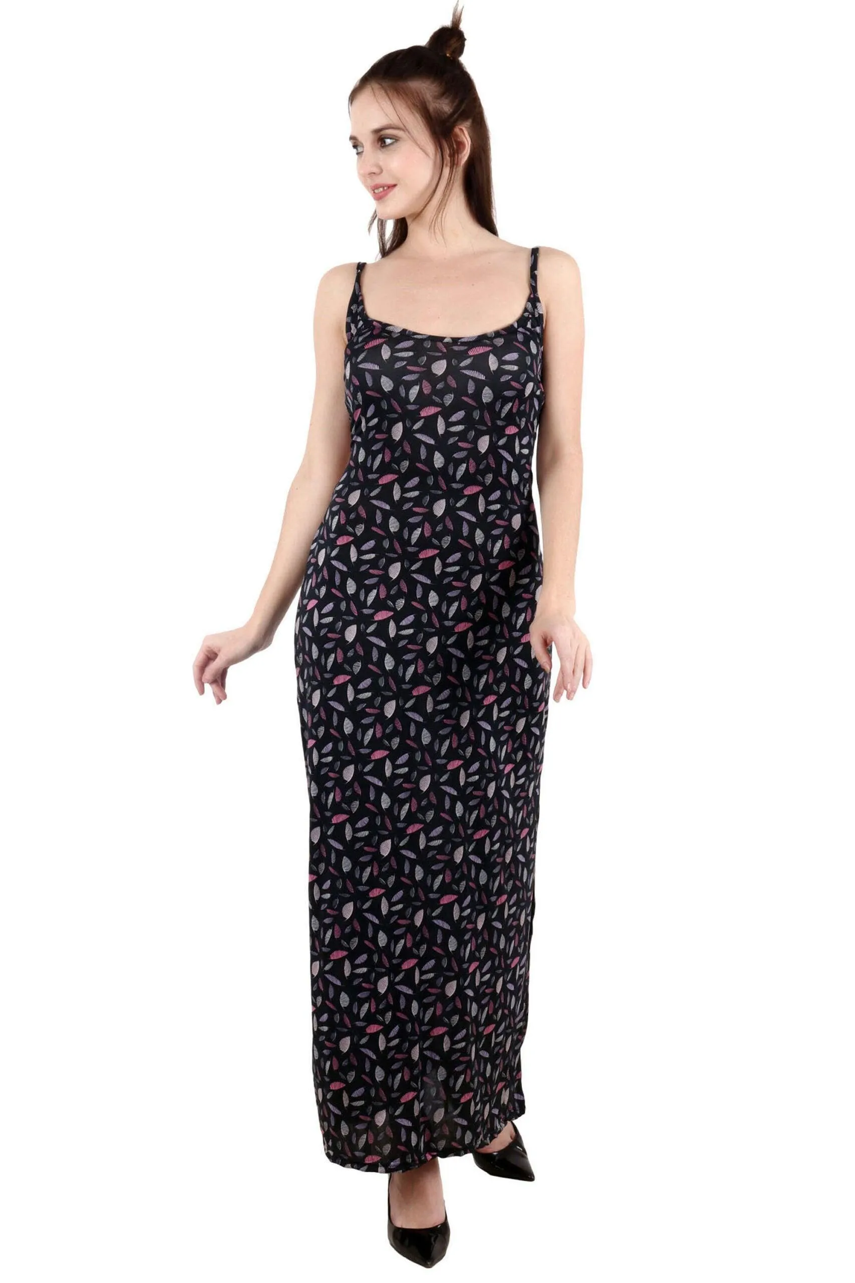 Black Leaves Printed Maxi Dress with Side Slit