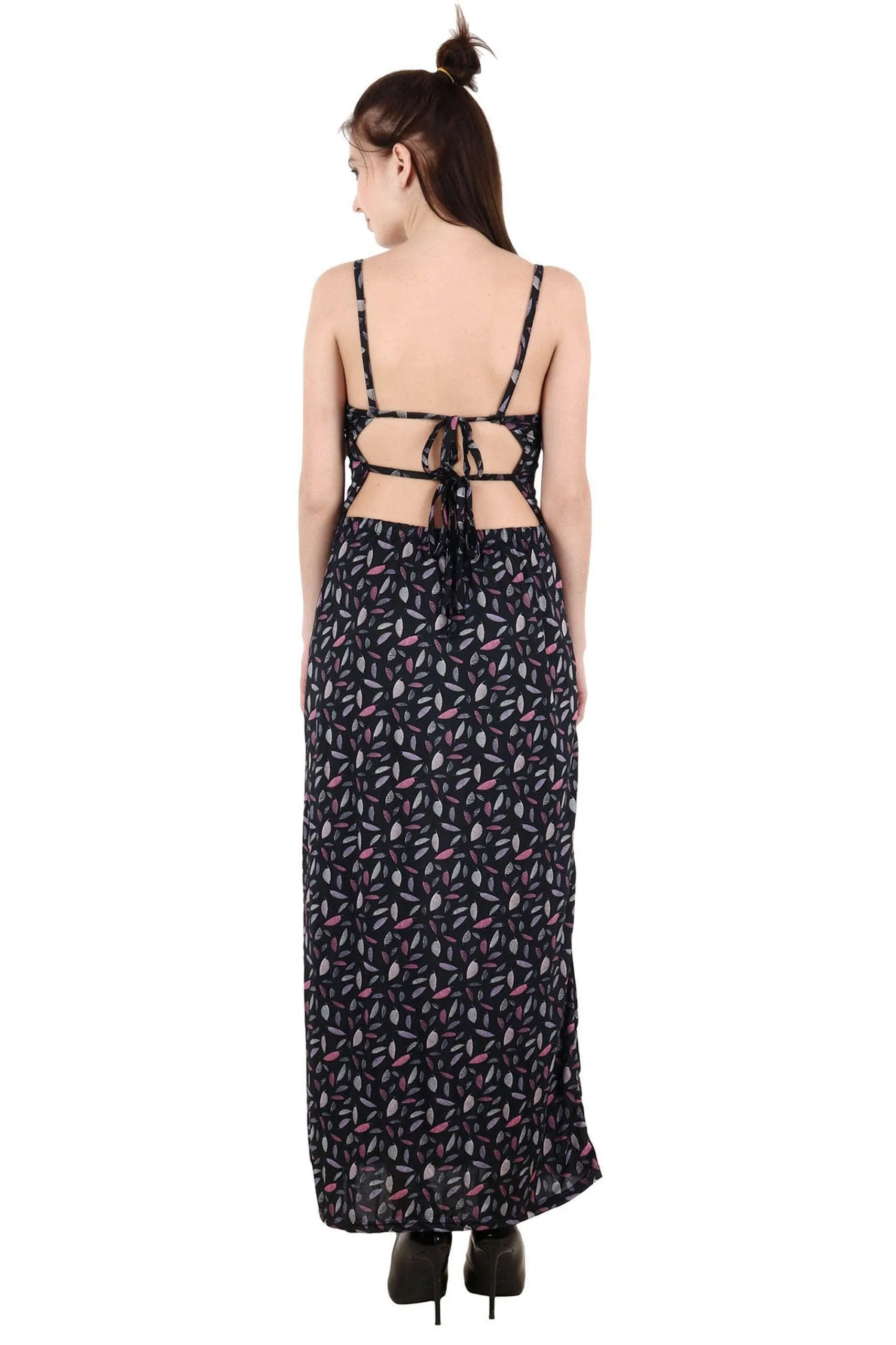 Black Leaves Printed Maxi Dress with Side Slit