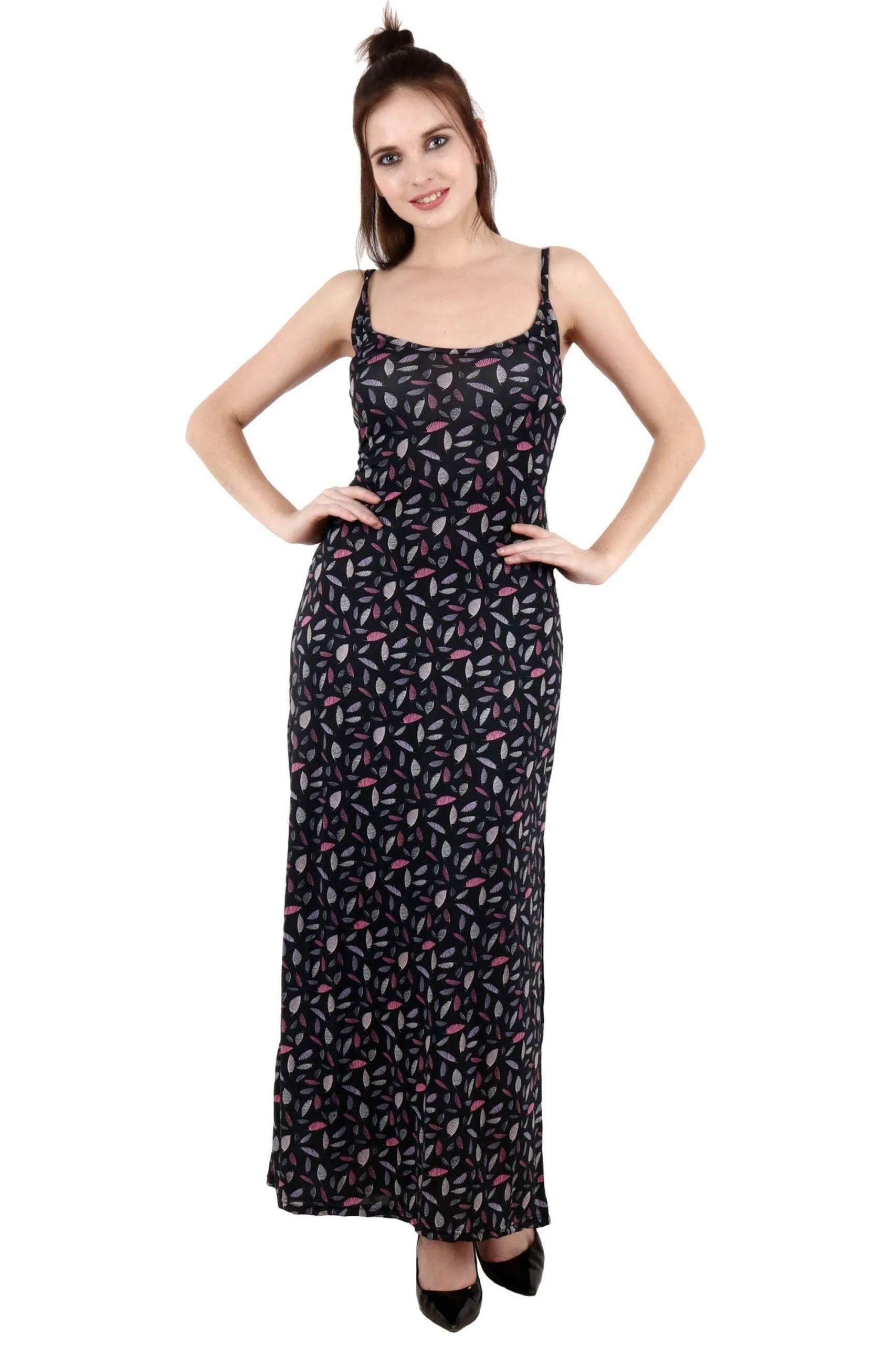 Black Leaves Printed Maxi Dress with Side Slit