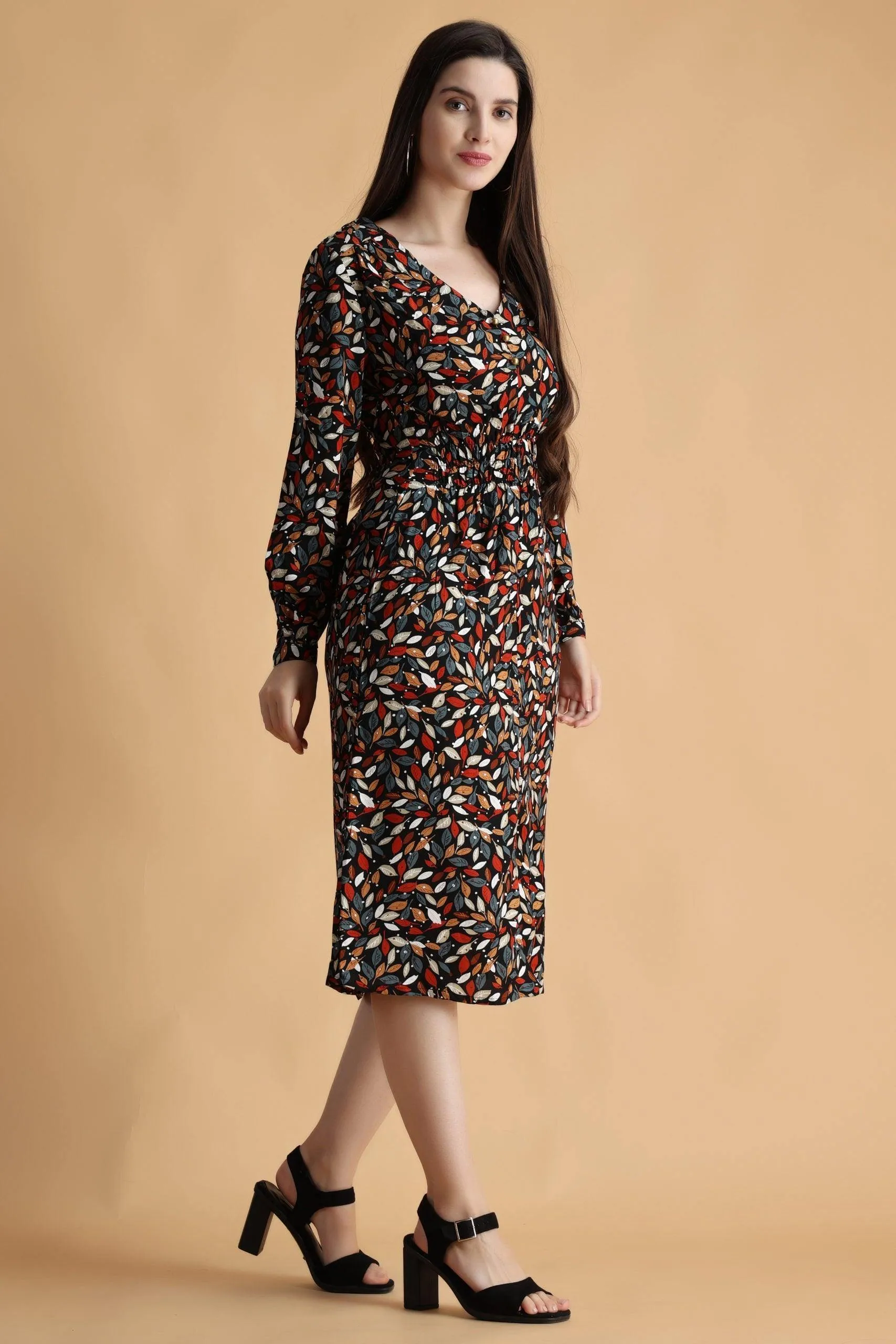 Black Multicolored Leaves Printed Front Back Smocking Dress