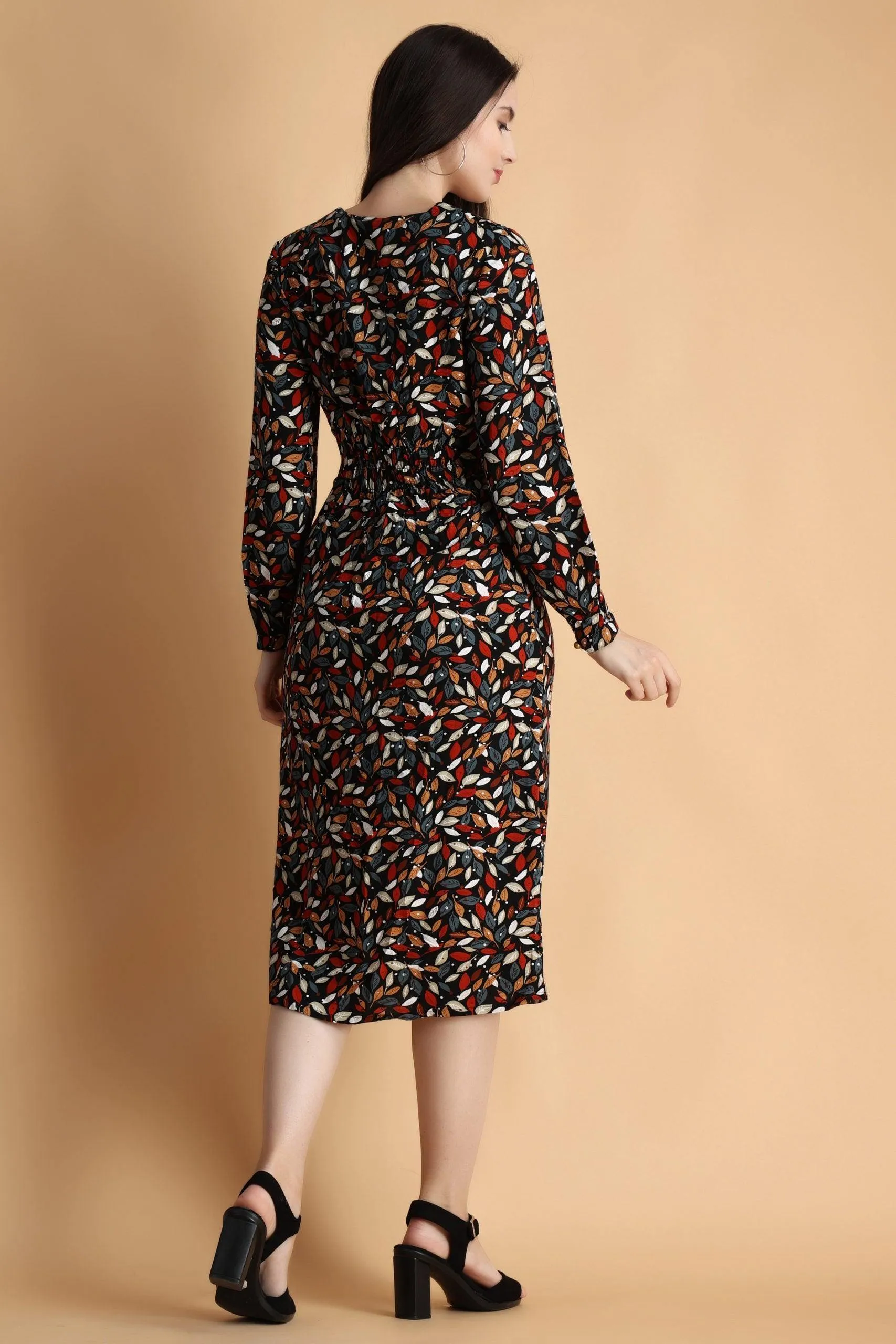 Black Multicolored Leaves Printed Front Back Smocking Dress