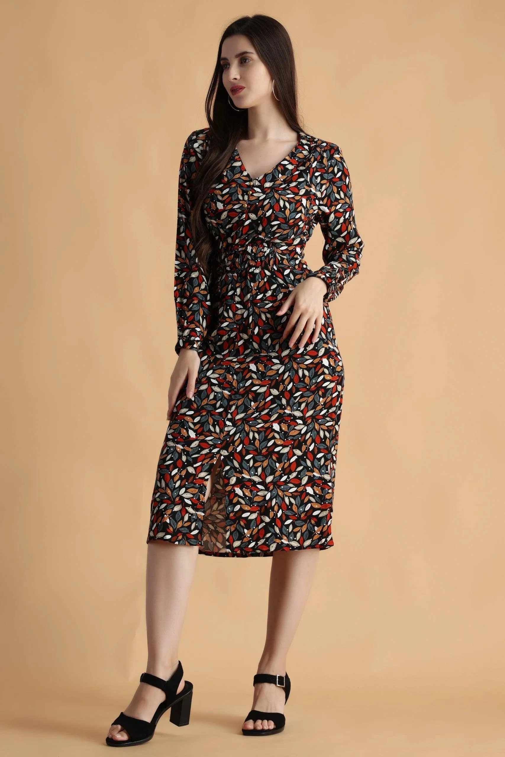 Black Multicolored Leaves Printed Front Back Smocking Dress