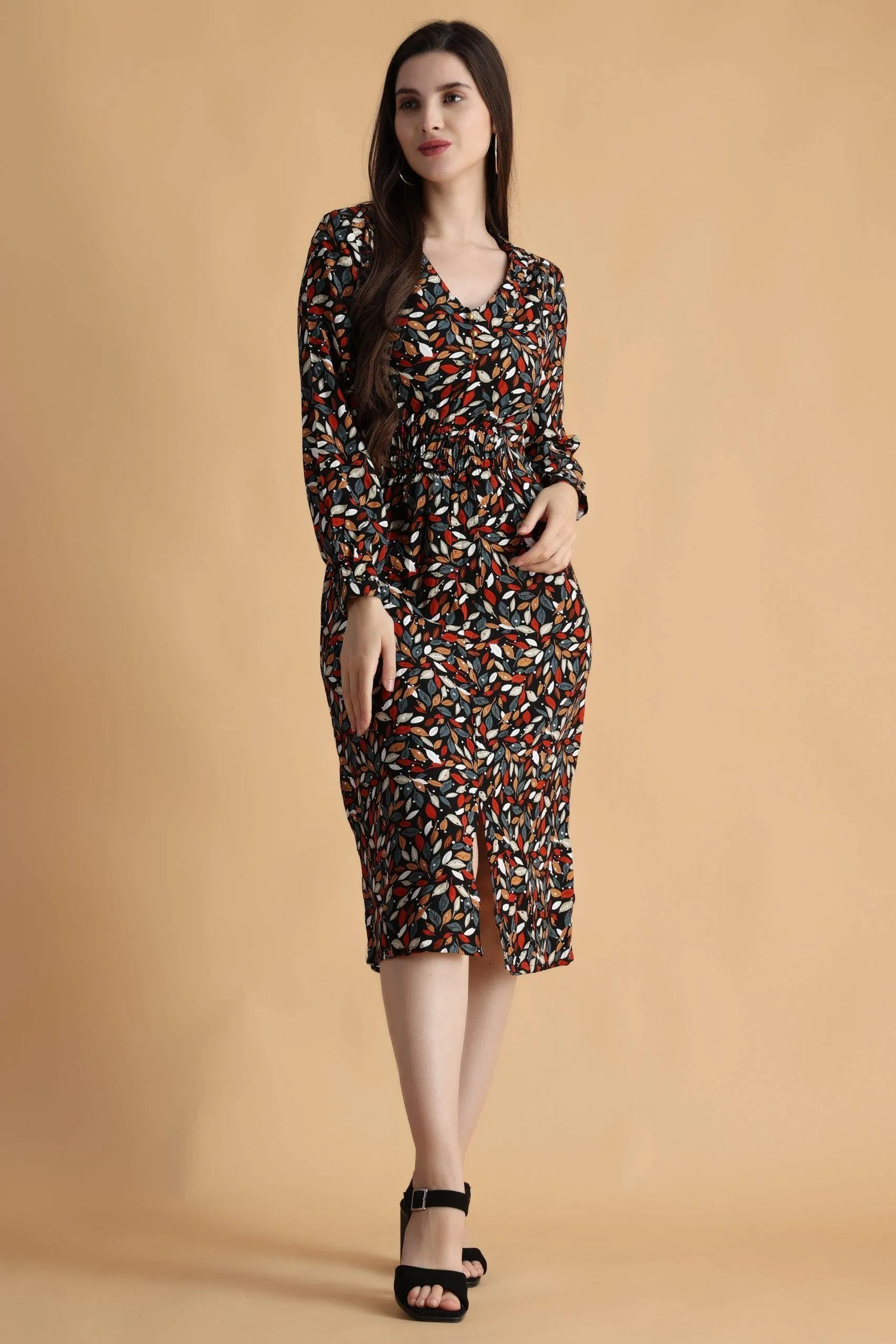 Black Multicolored Leaves Printed Front Back Smocking Dress