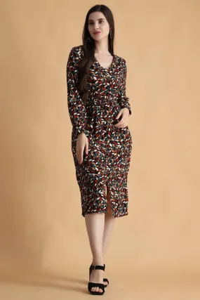 Black Multicolored Leaves Printed Front Back Smocking Dress