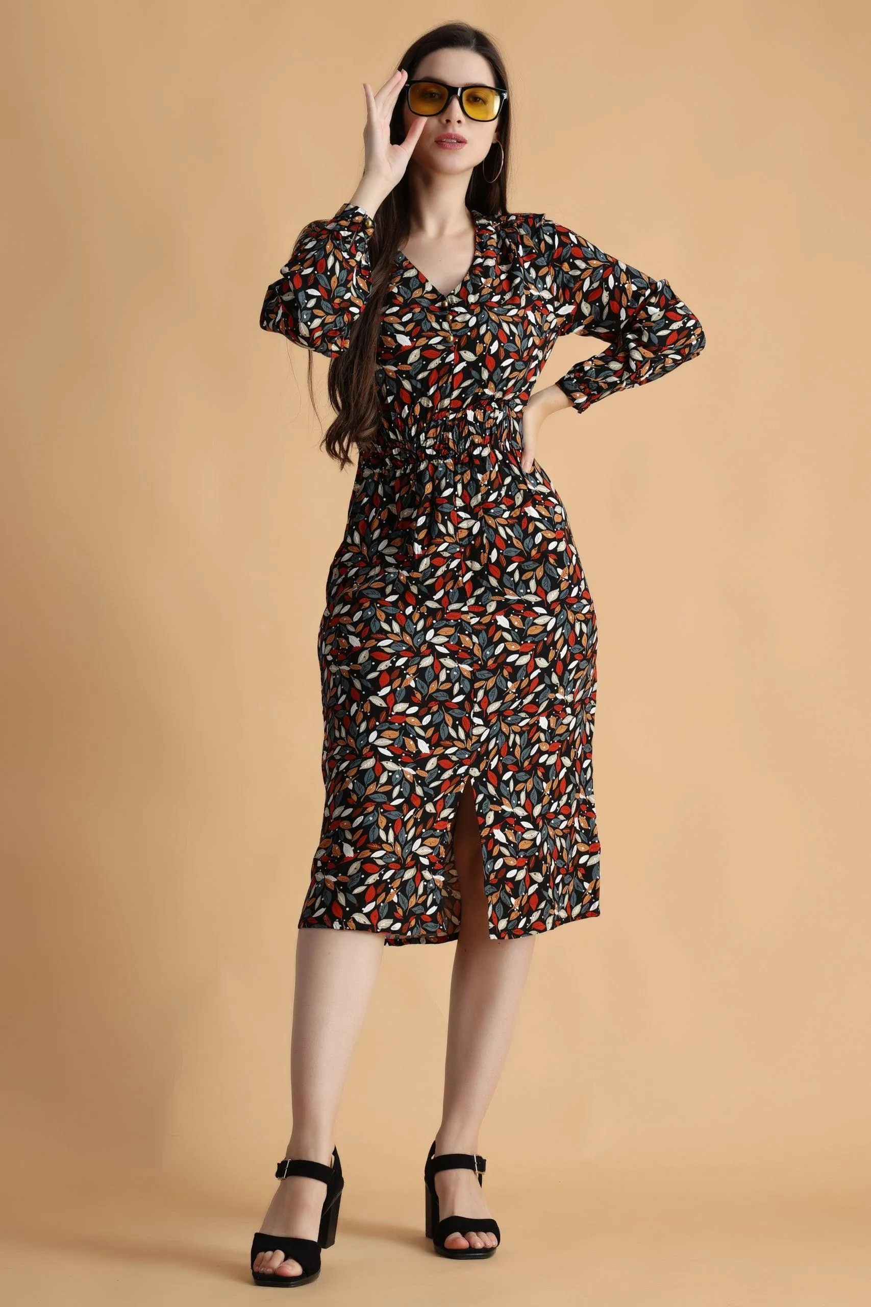 Black Multicolored Leaves Printed Front Back Smocking Dress