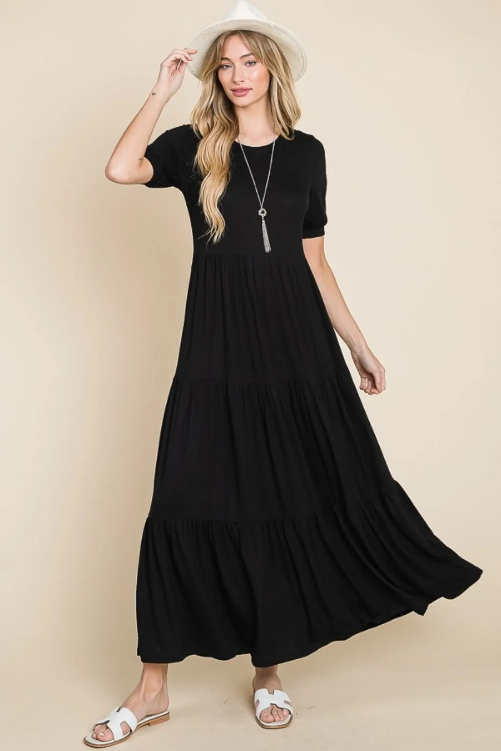 Black Short Sleeve Tiered Maxi Dress (Online Exclusive)