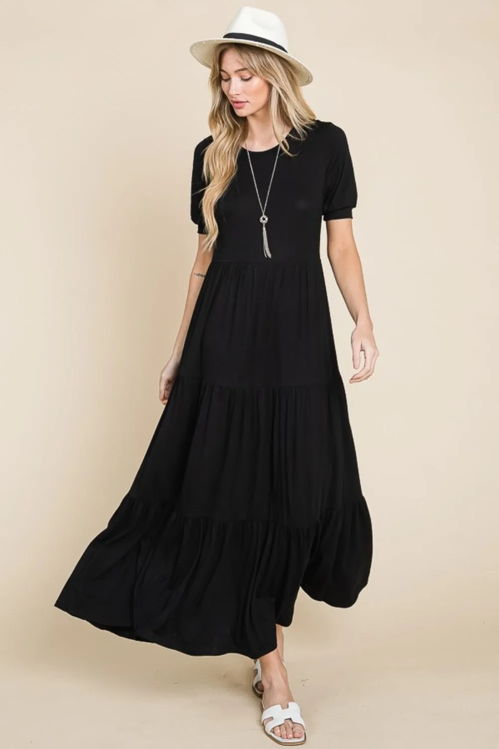 Black Short Sleeve Tiered Maxi Dress (Online Exclusive)