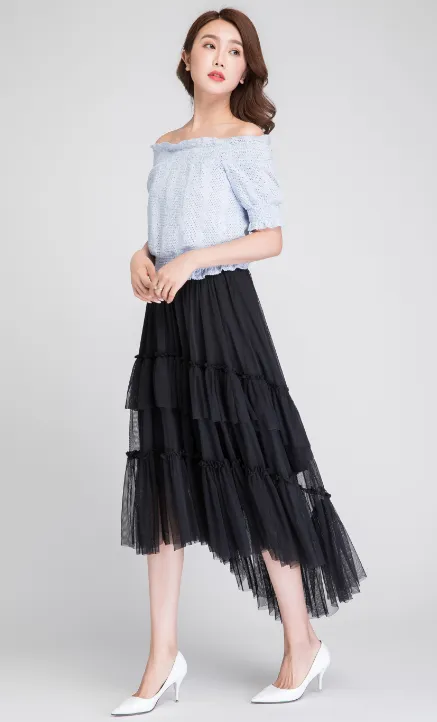 black skirt, dance skirt, tulle skirt, high low skirt, party skirt, boho skirt, summer skirt 1896#