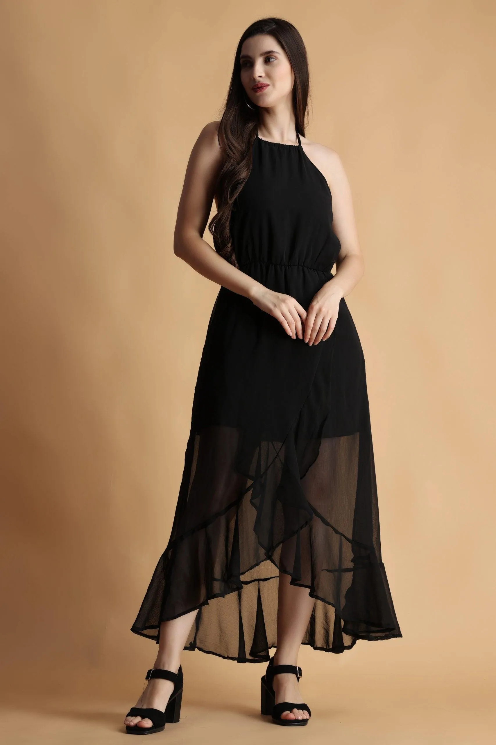 Black Solid Asymmetric Maxi Dress