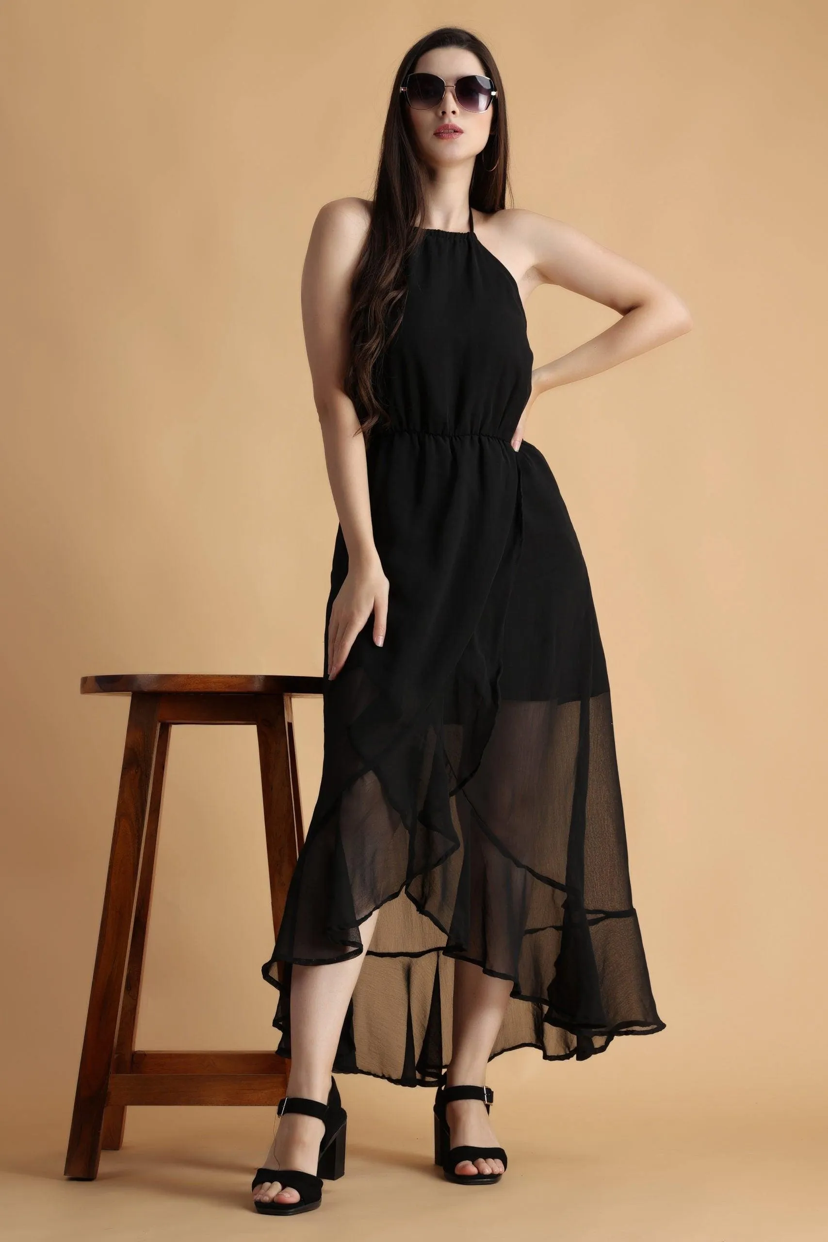 Black Solid Asymmetric Maxi Dress