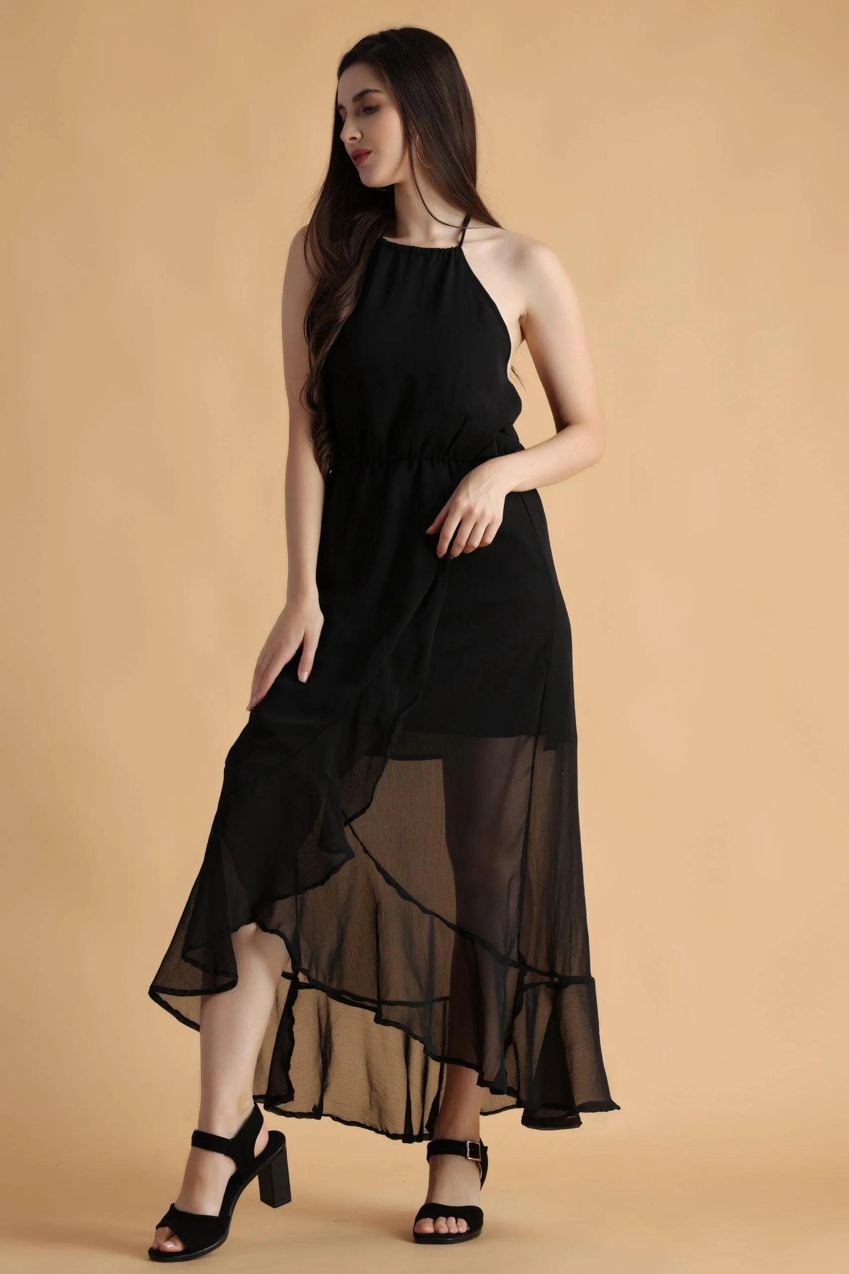 Black Solid Asymmetric Maxi Dress