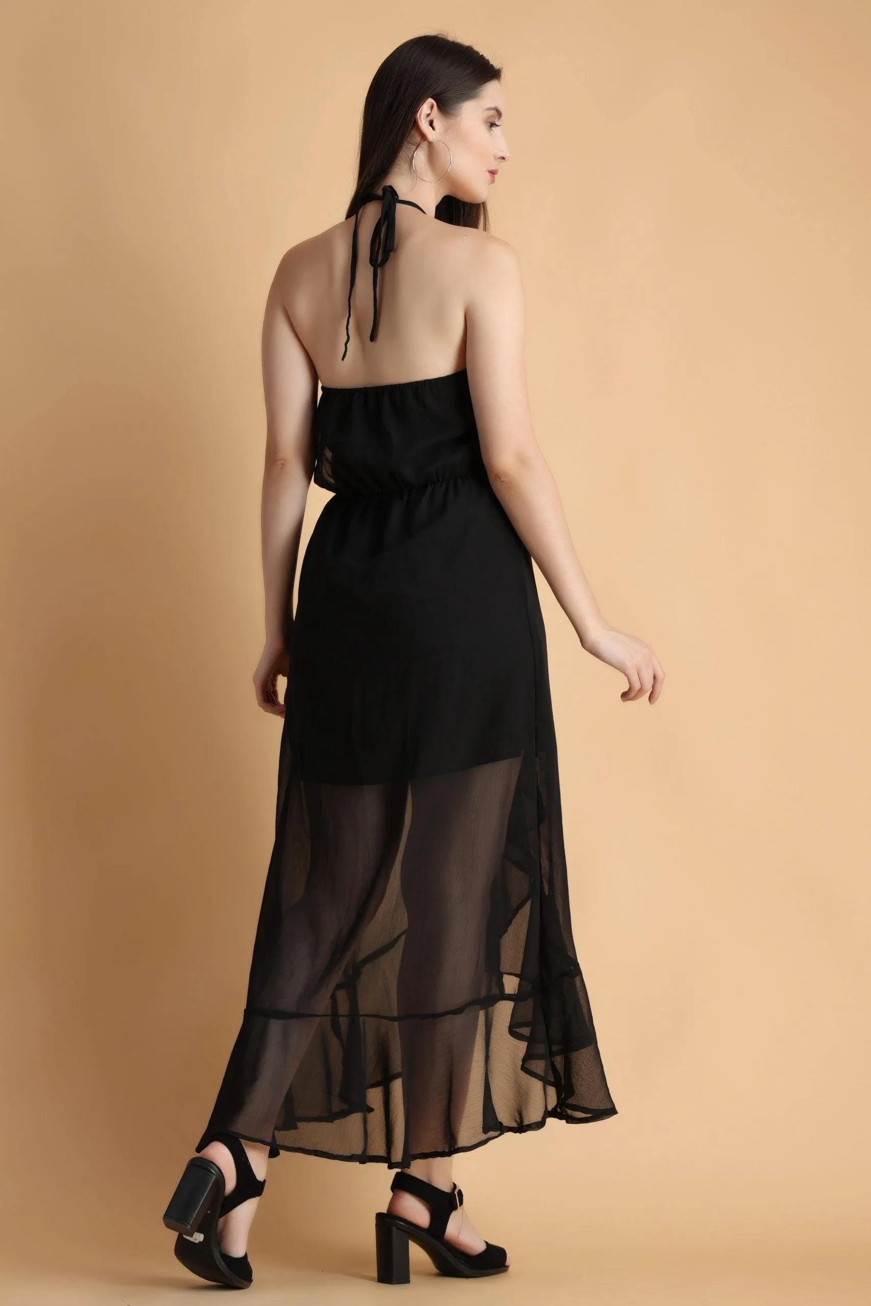 Black Solid Asymmetric Maxi Dress