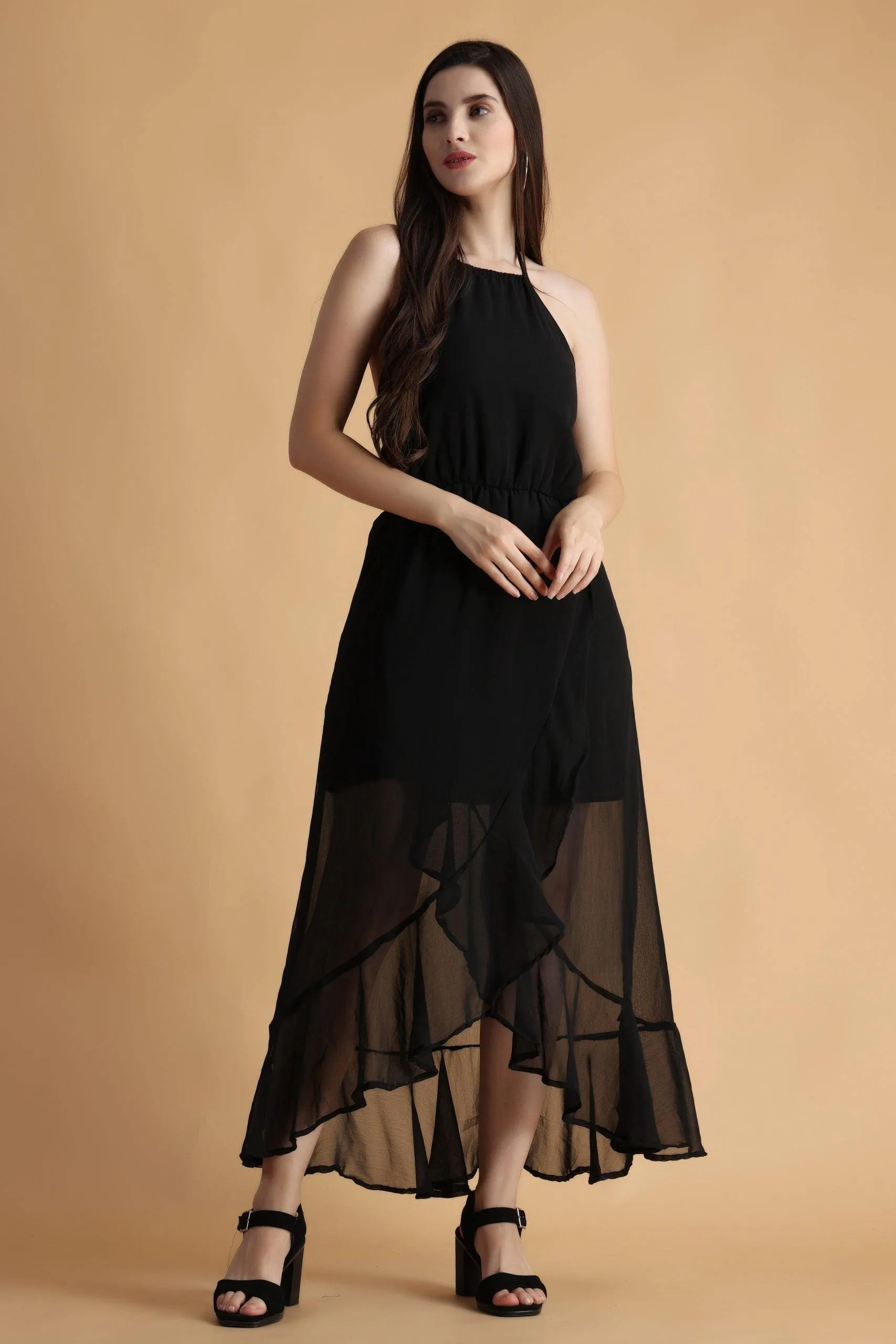 Black Solid Asymmetric Maxi Dress