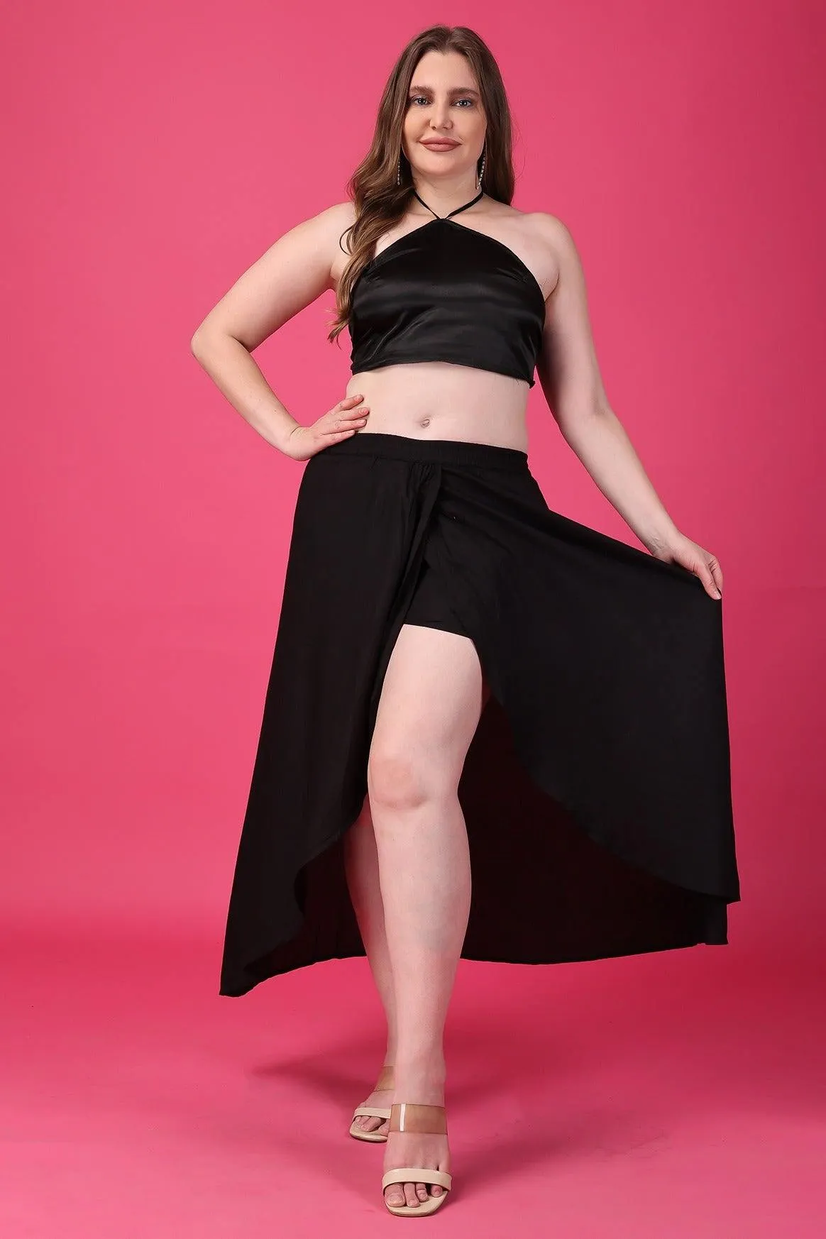 Black Solid Asymmetric Skirt