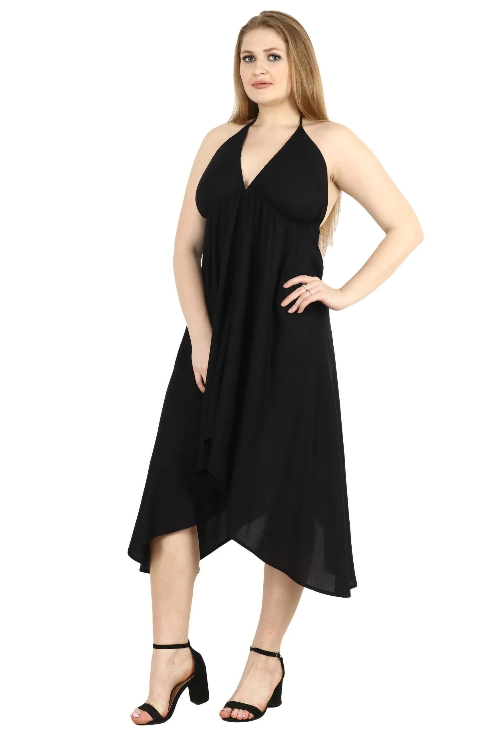 Black Solid Backless Neck Tie Asymmetric Tie Dress