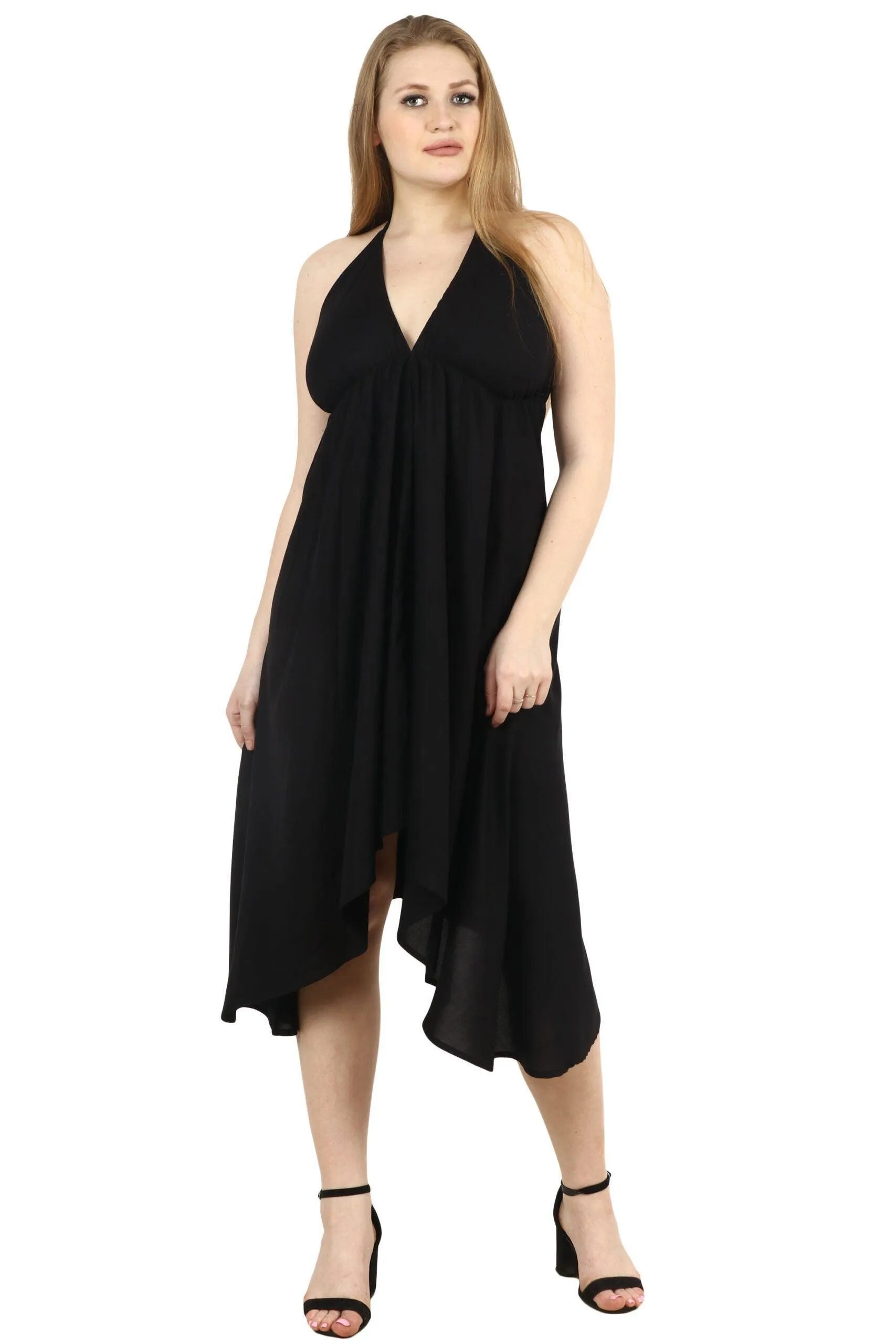 Black Solid Backless Neck Tie Asymmetric Tie Dress