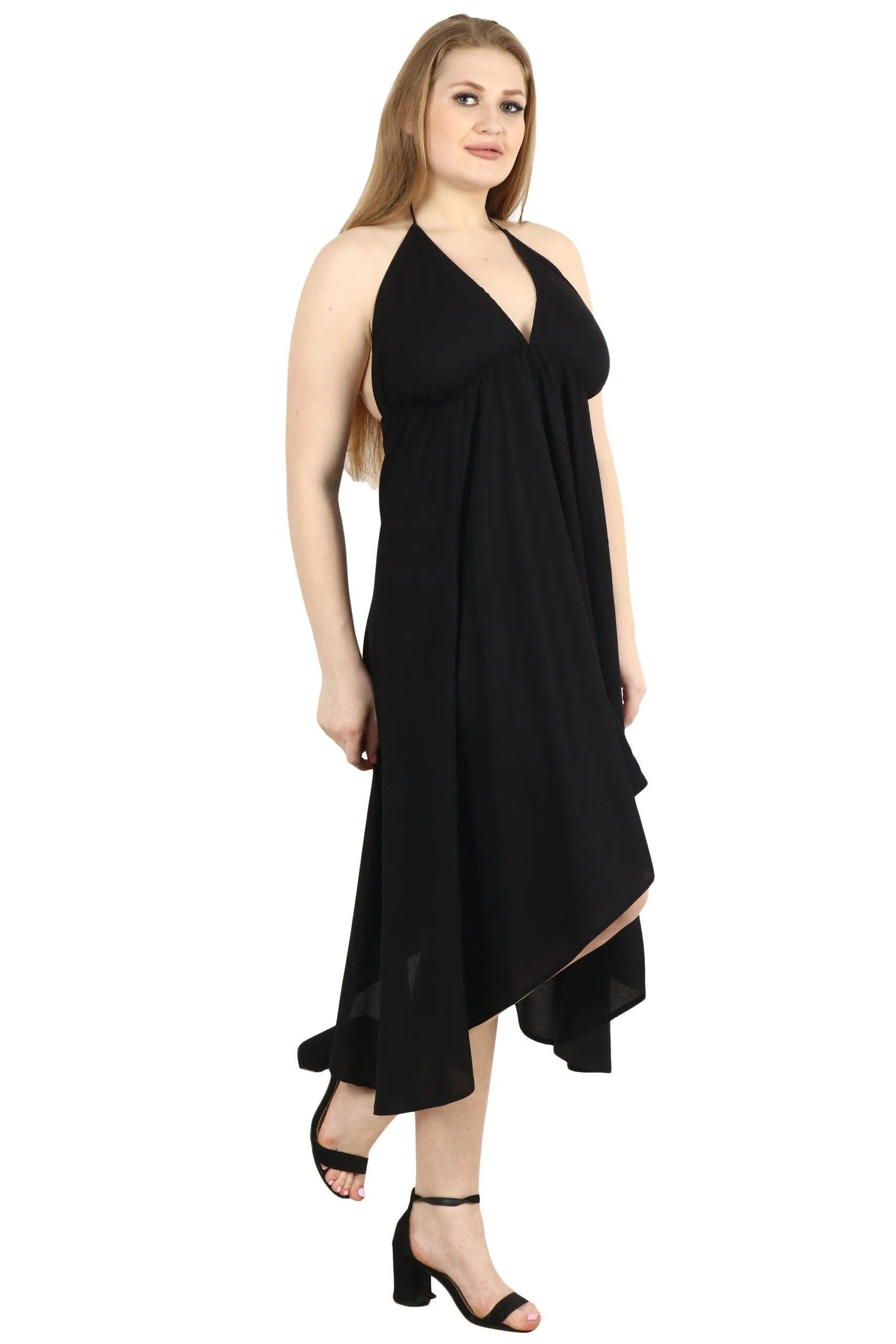 Black Solid Backless Neck Tie Asymmetric Tie Dress