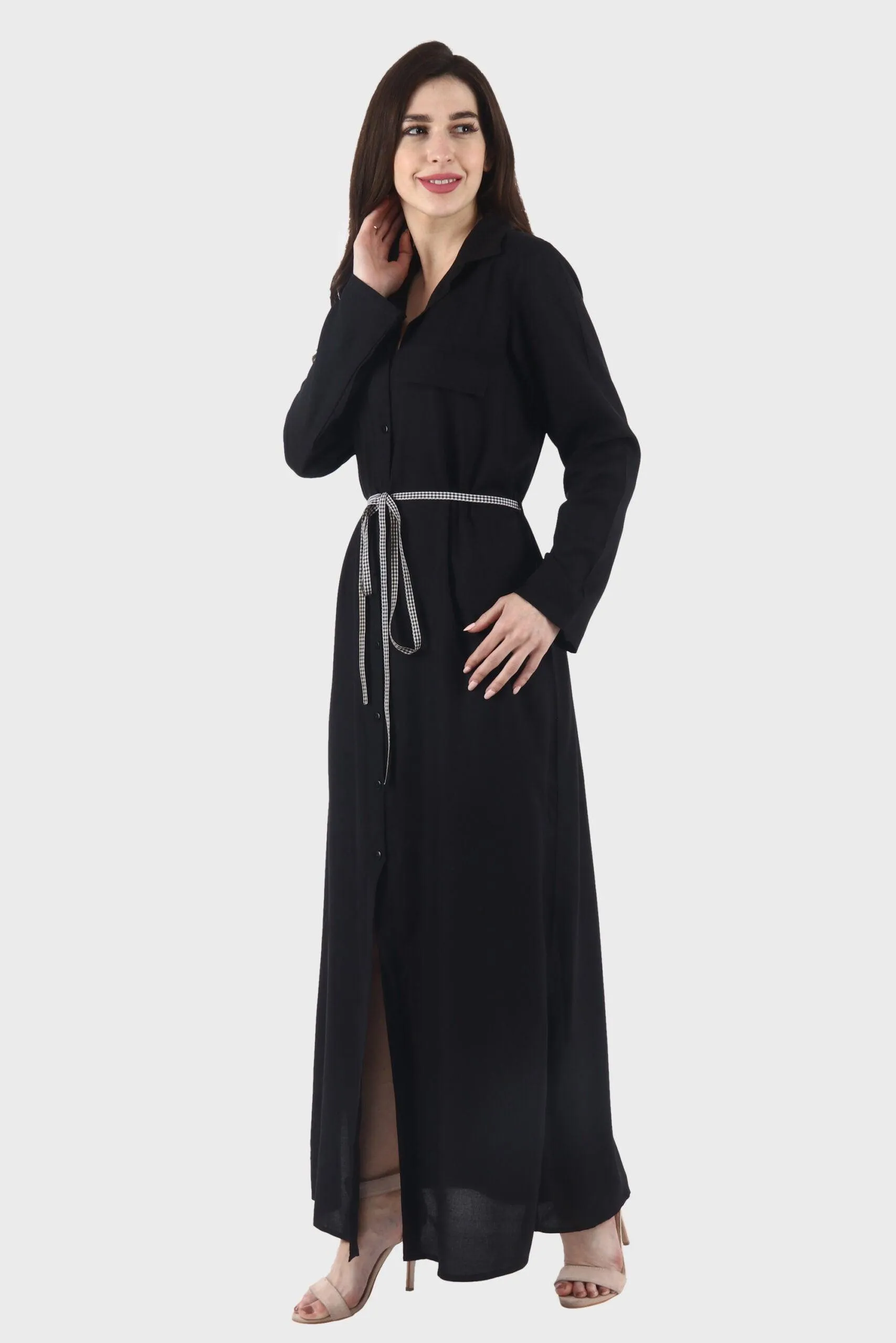 Black Solid Buttoned Maxi Dress with Tie