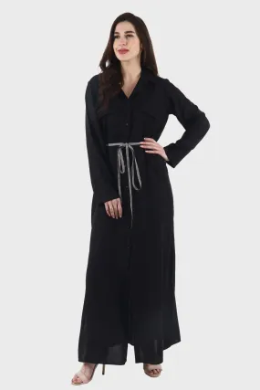 Black Solid Buttoned Maxi Dress with Tie