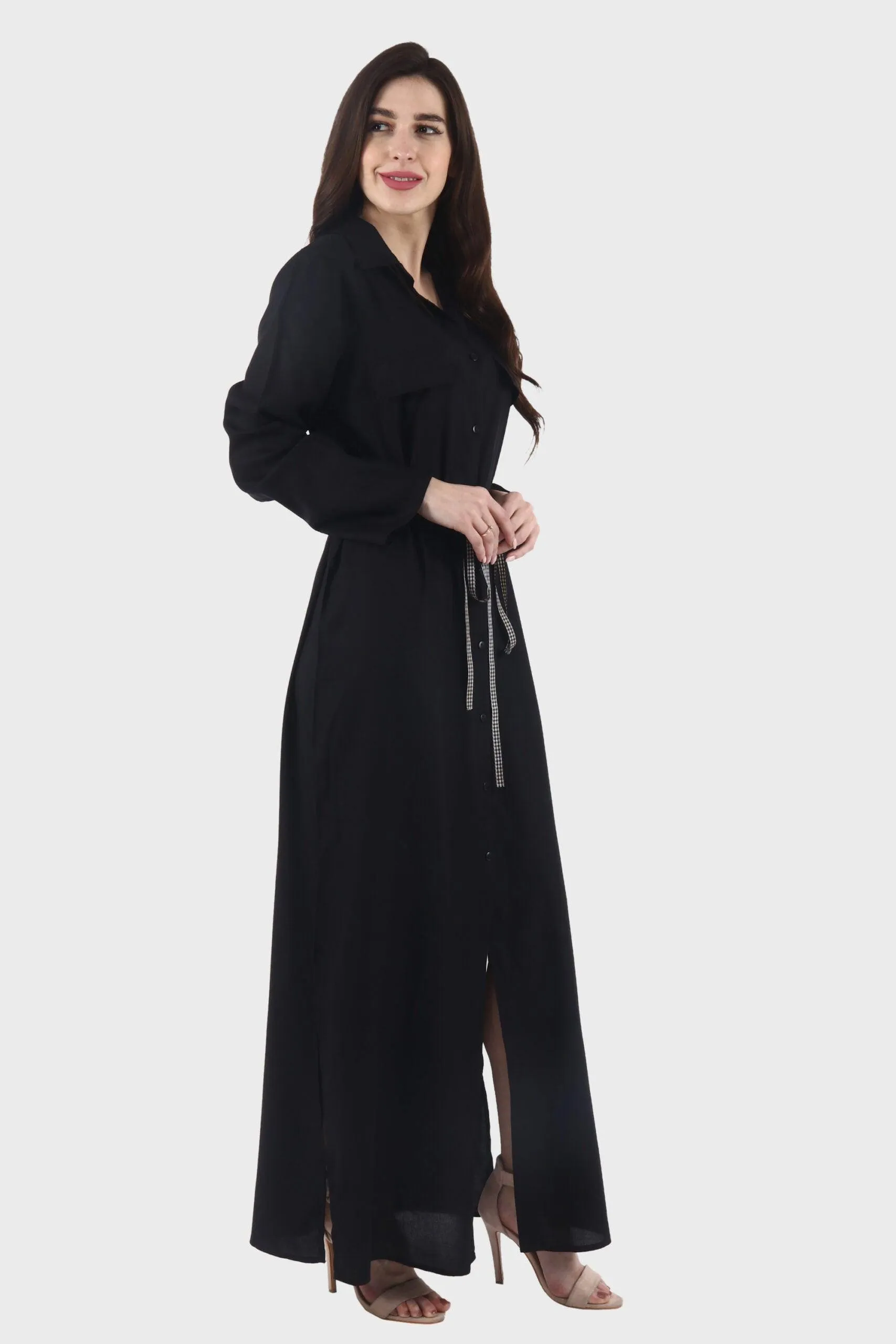 Black Solid Buttoned Maxi Dress with Tie