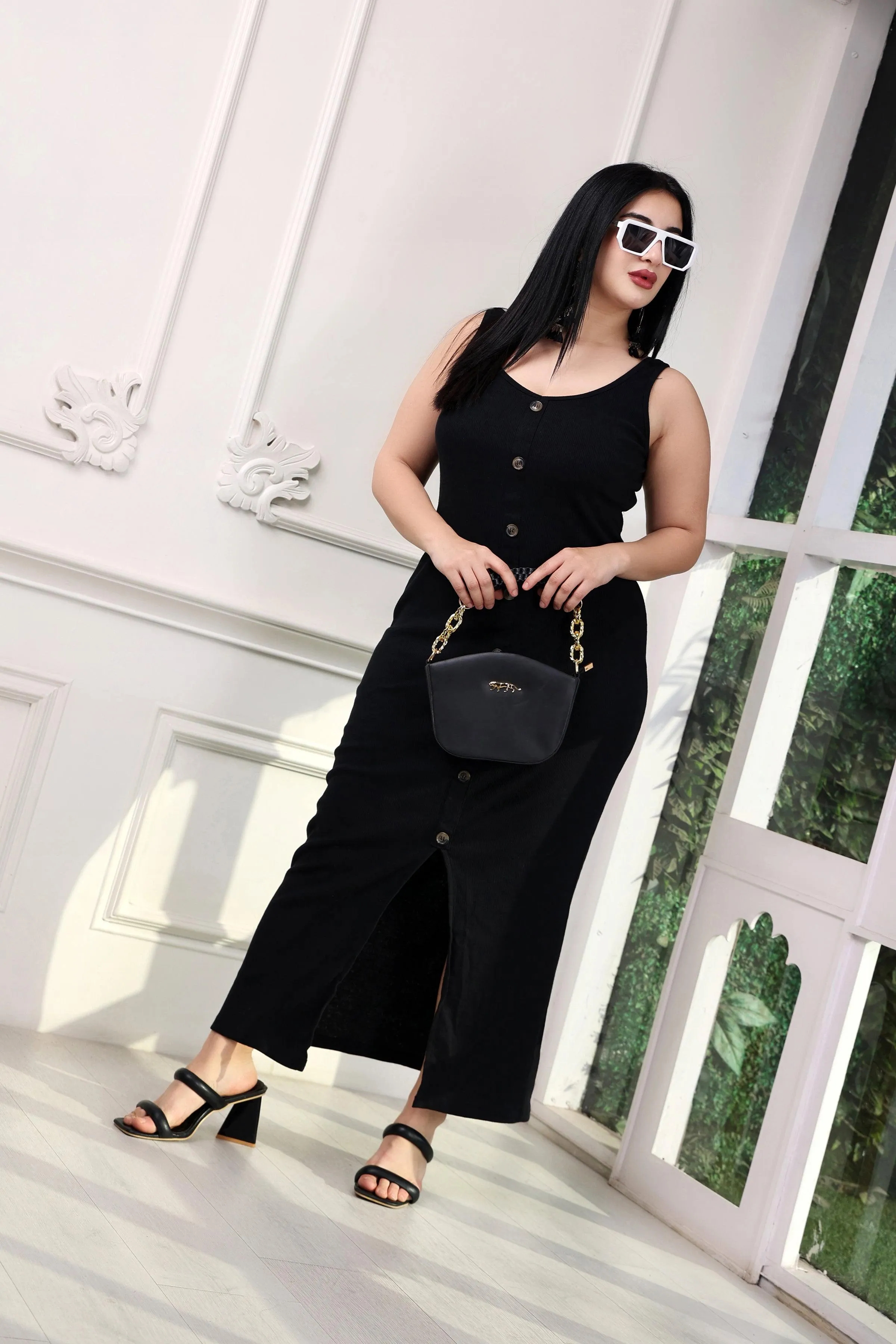 Black Solid Buttoned Maxi Dress