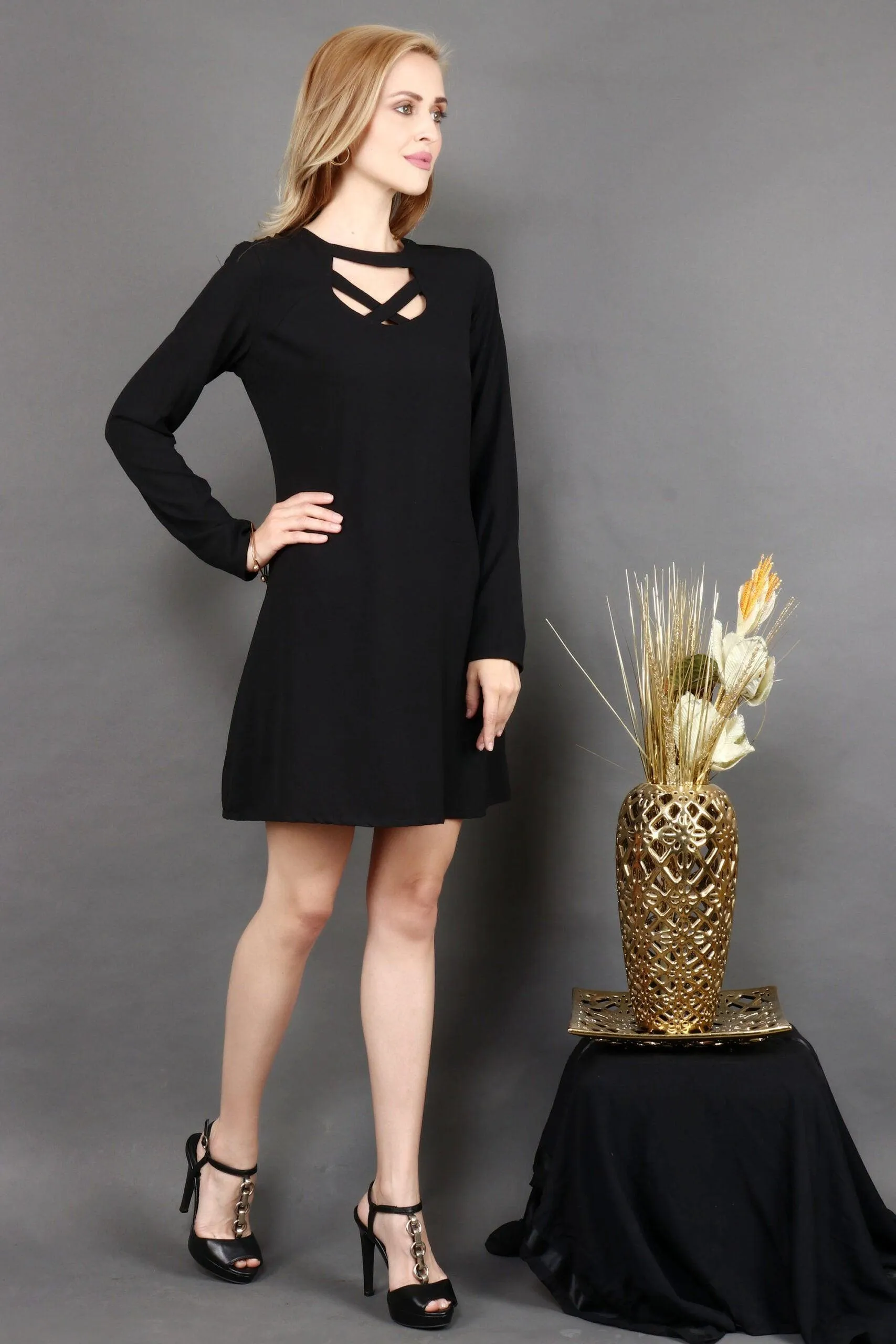 Black Solid Criss Cross Collar Dress