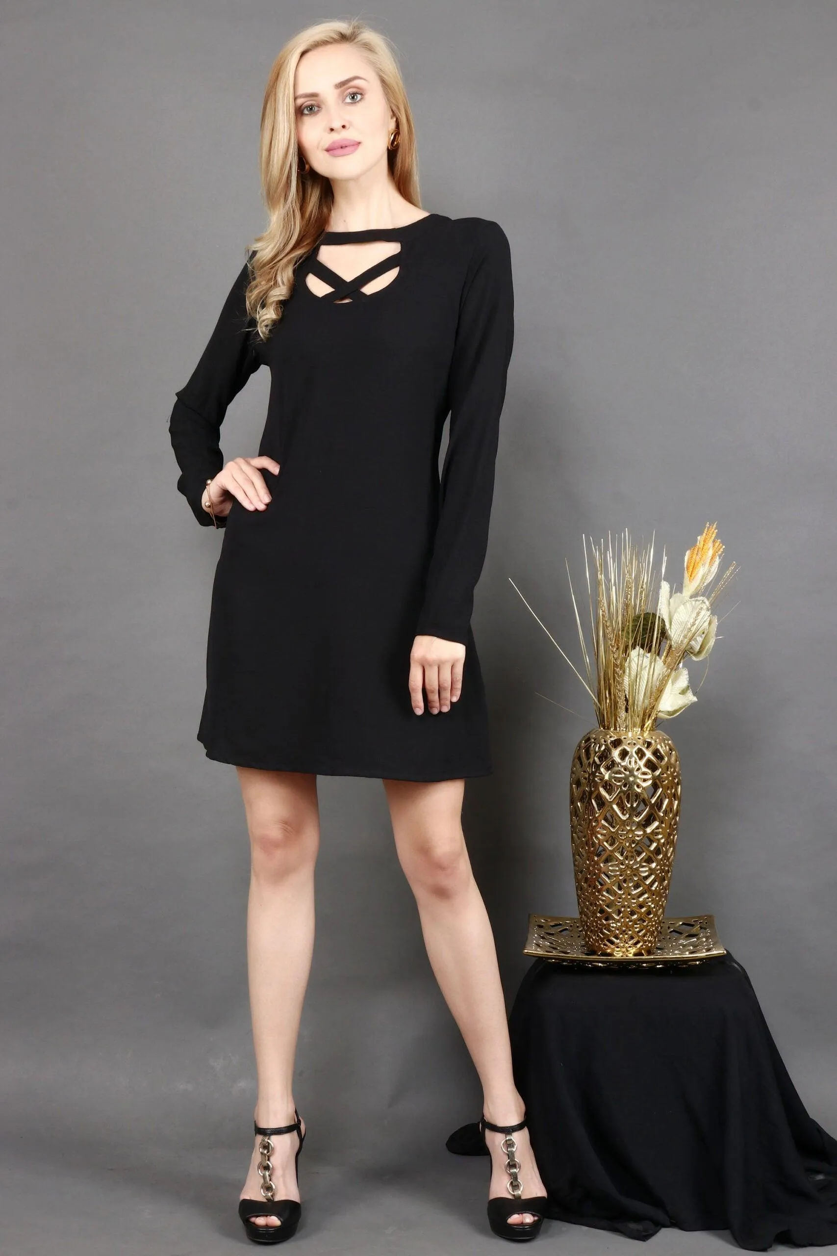 Black Solid Criss Cross Collar Dress