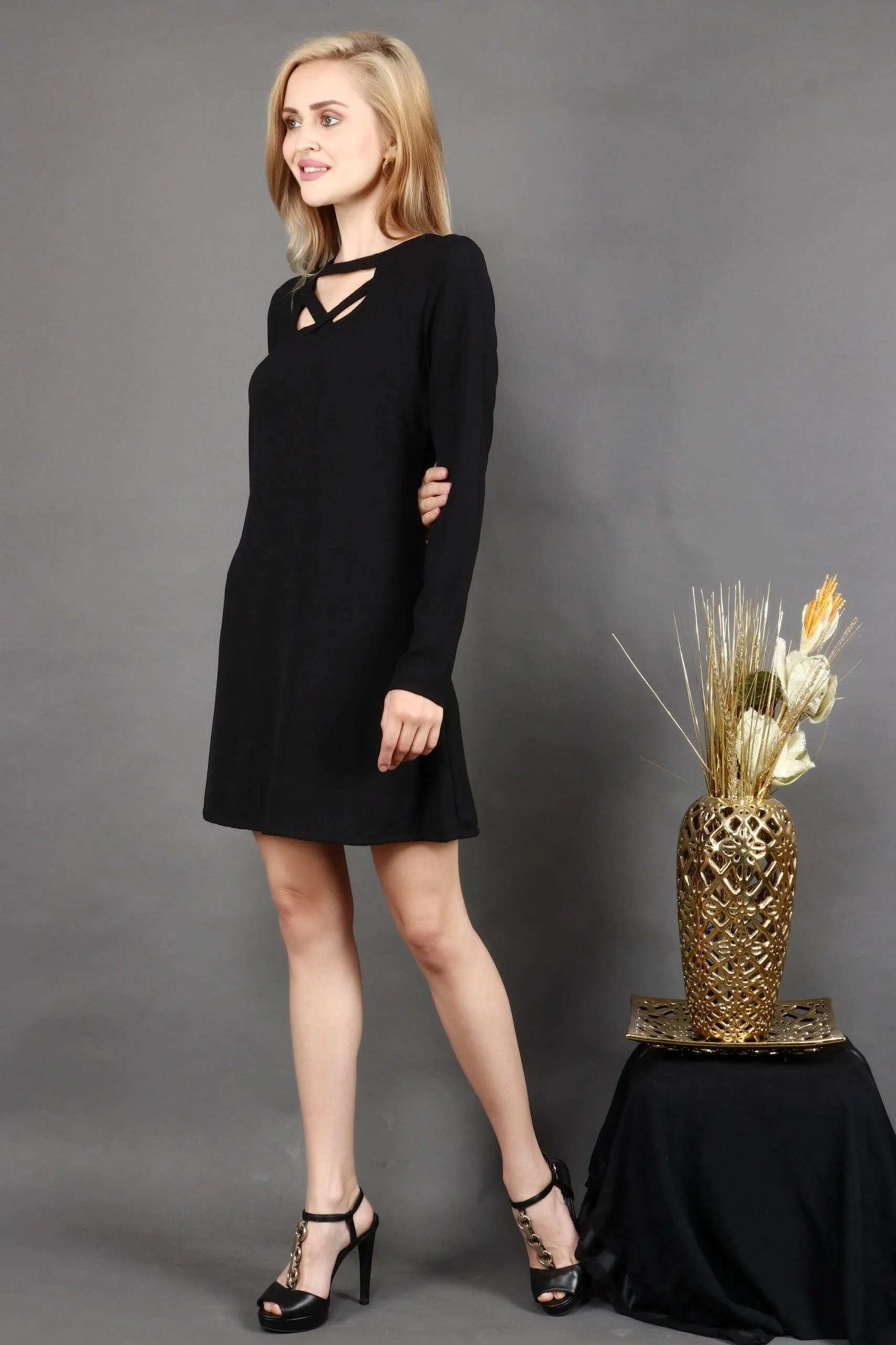 Black Solid Criss Cross Collar Dress