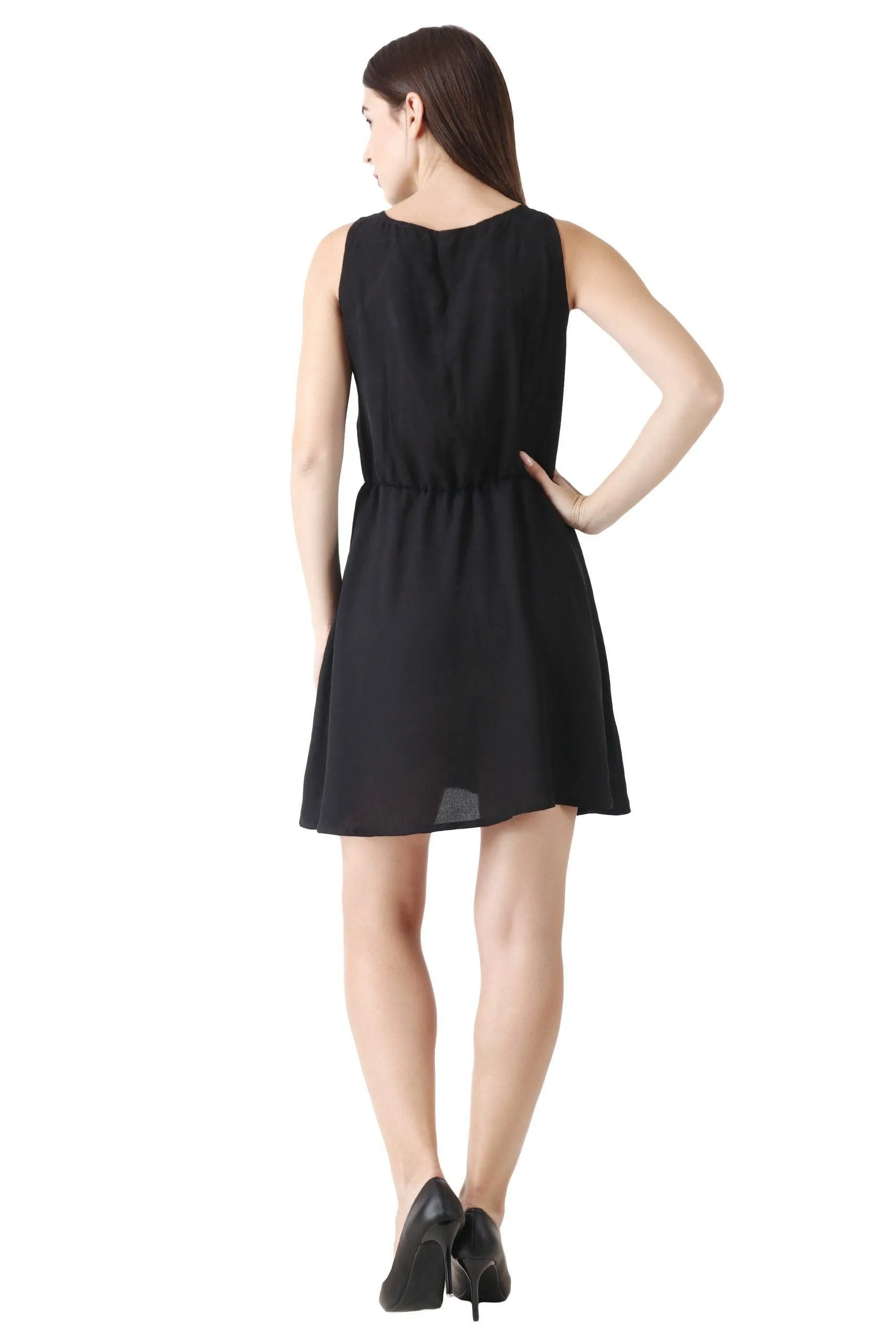 Black Solid Dress with Front Criss Cross Tie