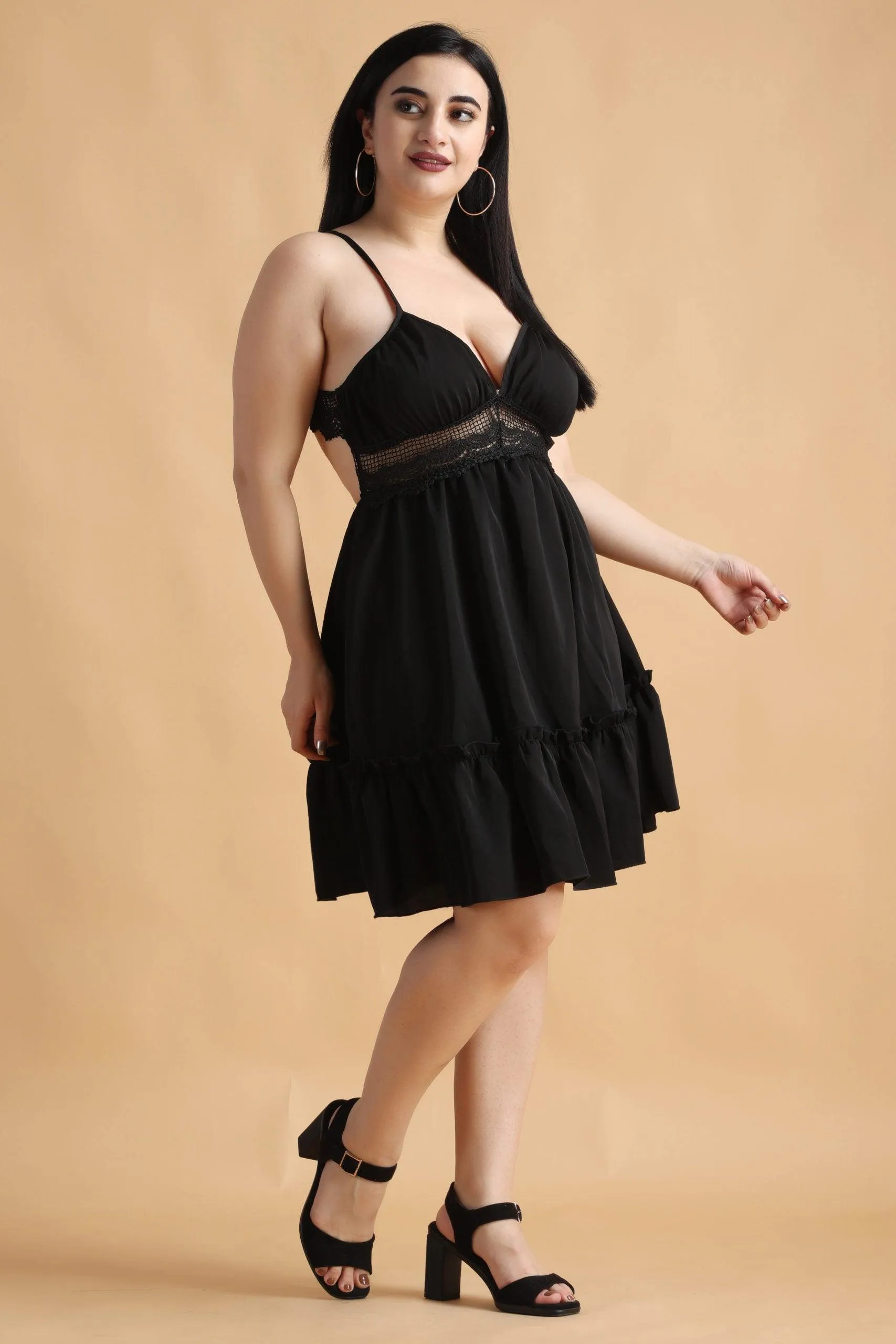 Black Solid Dress with Lace