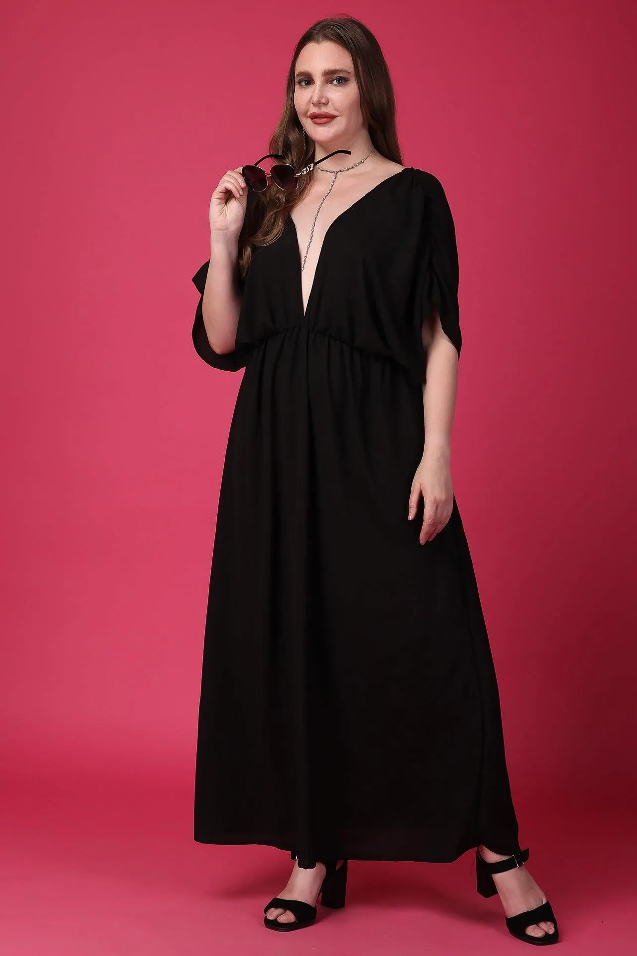 Black Solid Dress with Plunging Neckline